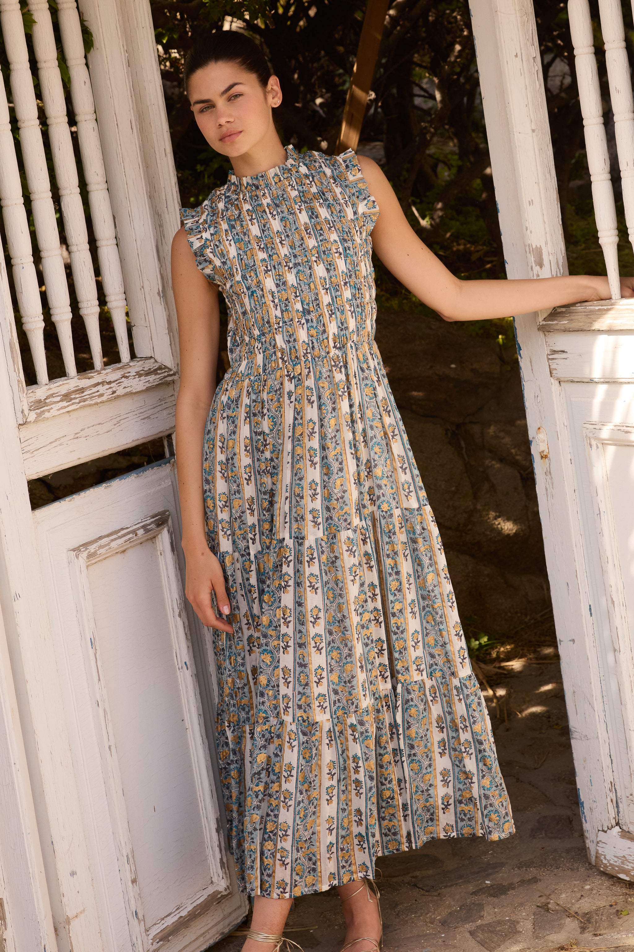 oliphant smocked maxi dress Sleeveless Printed Cotton Voile, Taj Blue, Medium Inspired by the soft A Guide to the stripes print Color:Black Moire