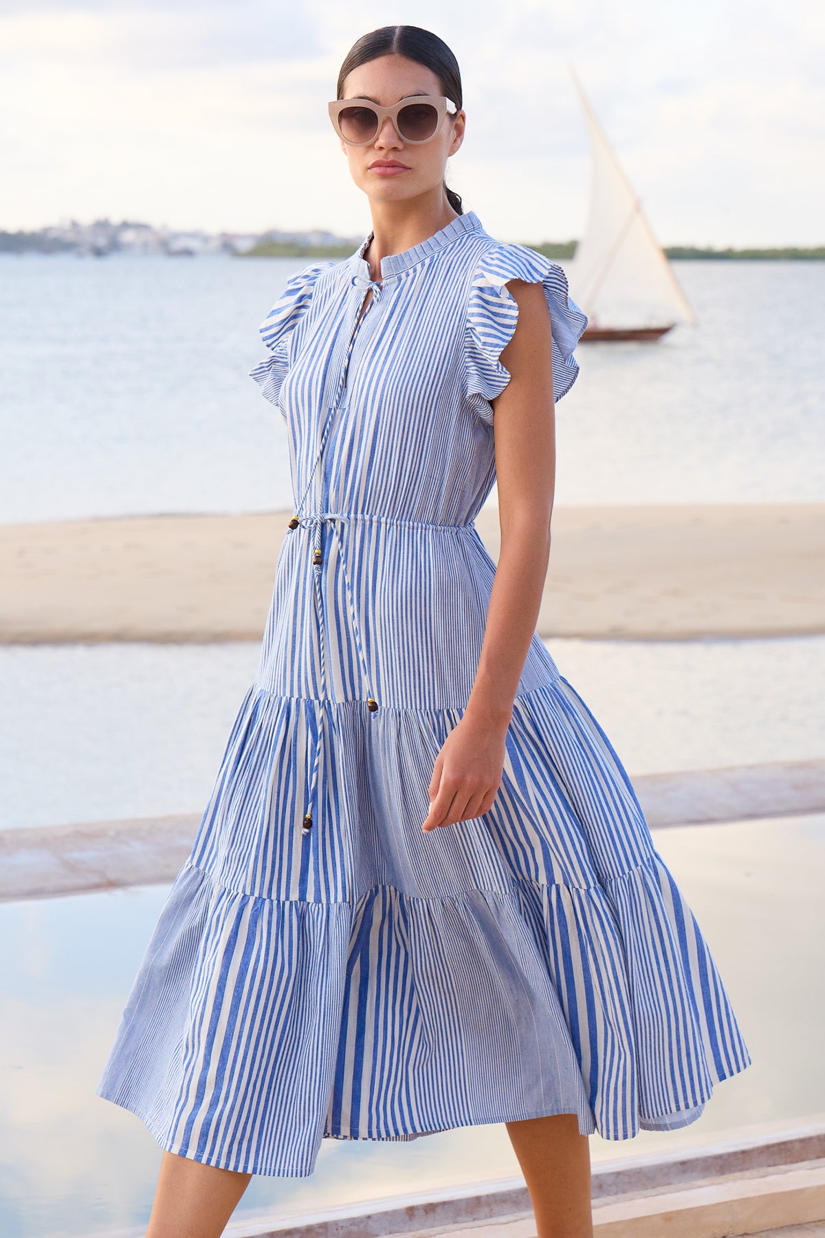 oliphant midi dress Cinched Waist Stripe Tiered Dress, Henley Blue, XL Color:NAVY MULTI Allbeige Gold Bodycon Dress functional side Occasion:COCKTAIL