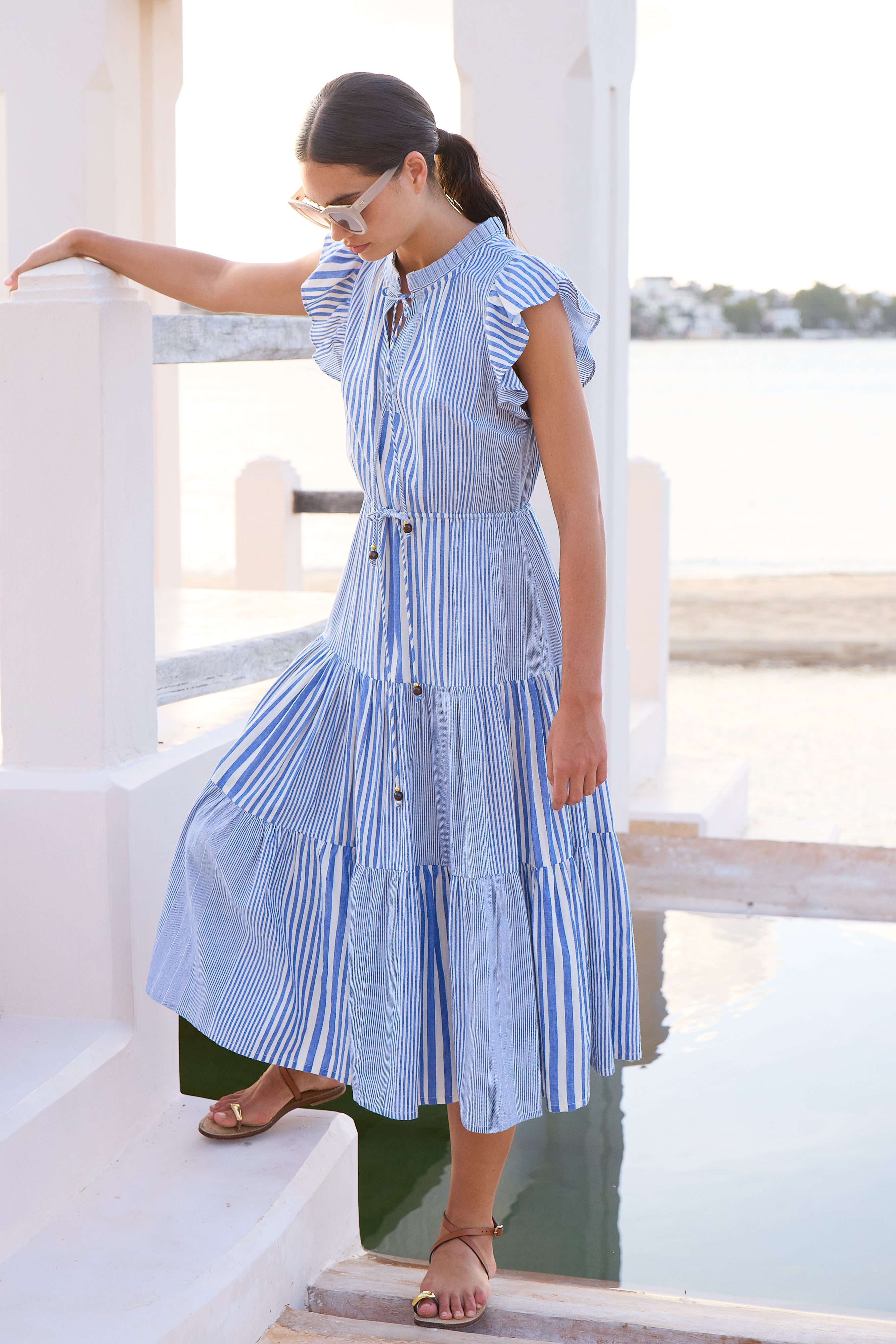 Cinched Flirty Midi- Henley Blue