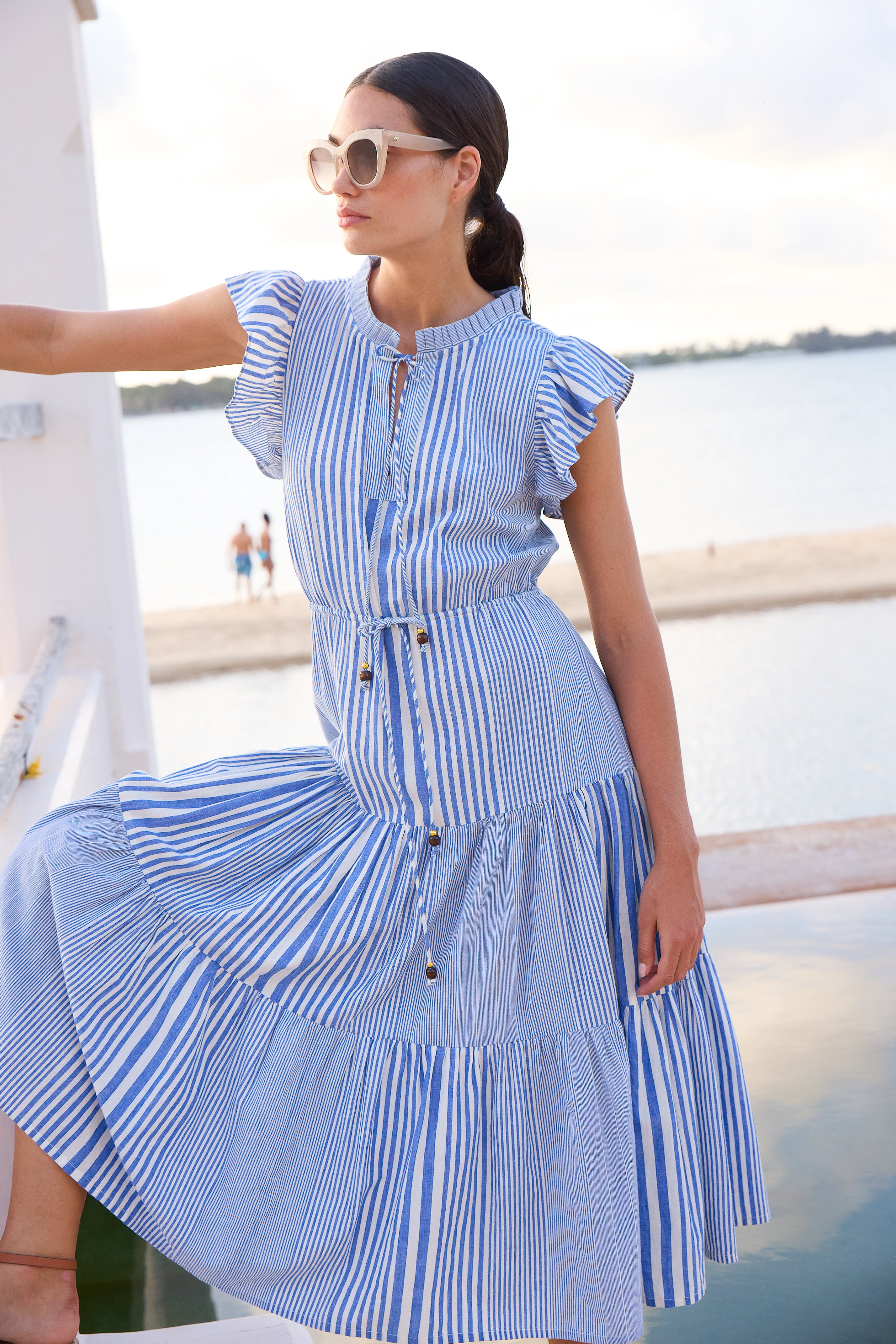 Cinched Flirty Midi- Henley Blue