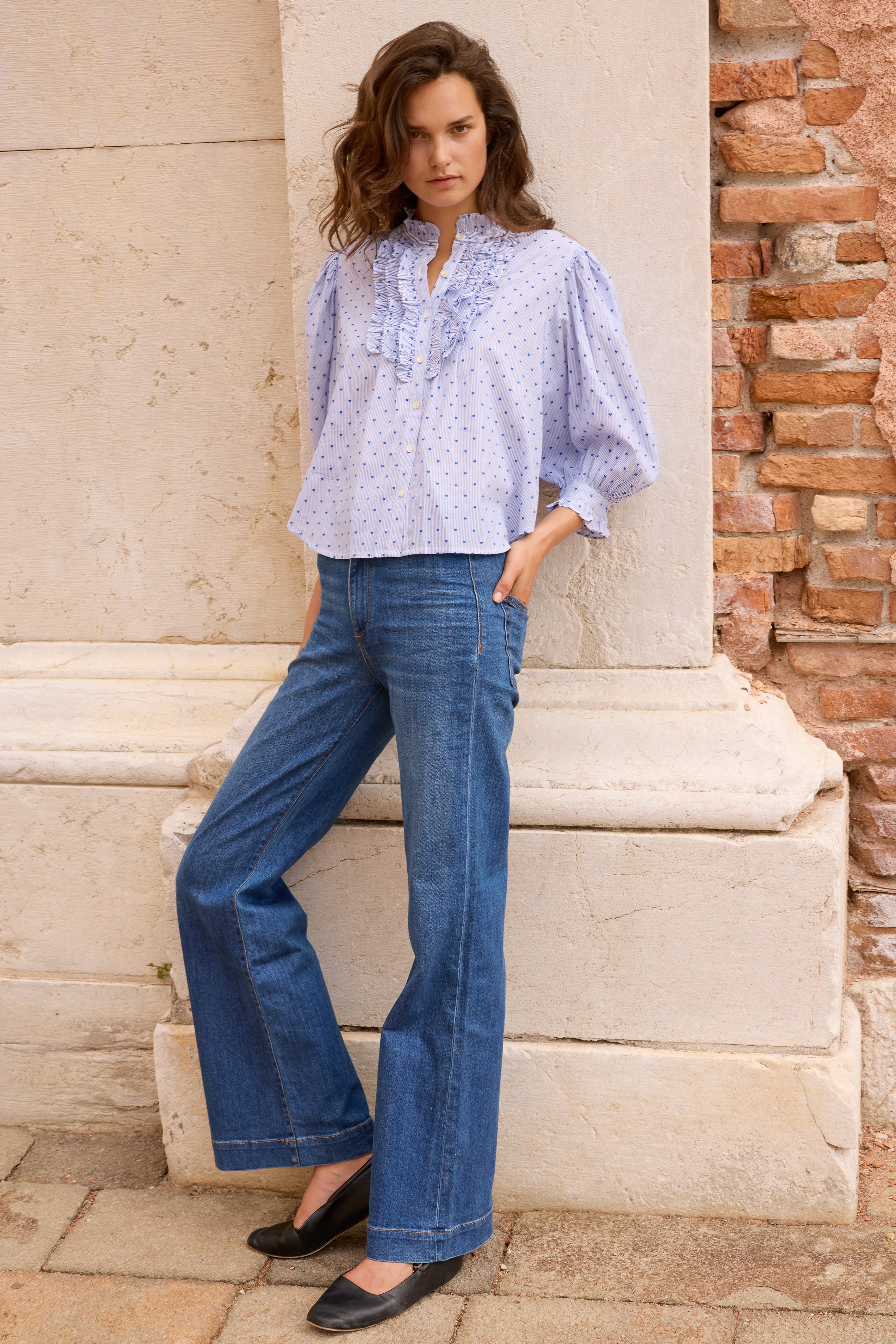 Ruffle Front Button Blouse- Lyon Blue