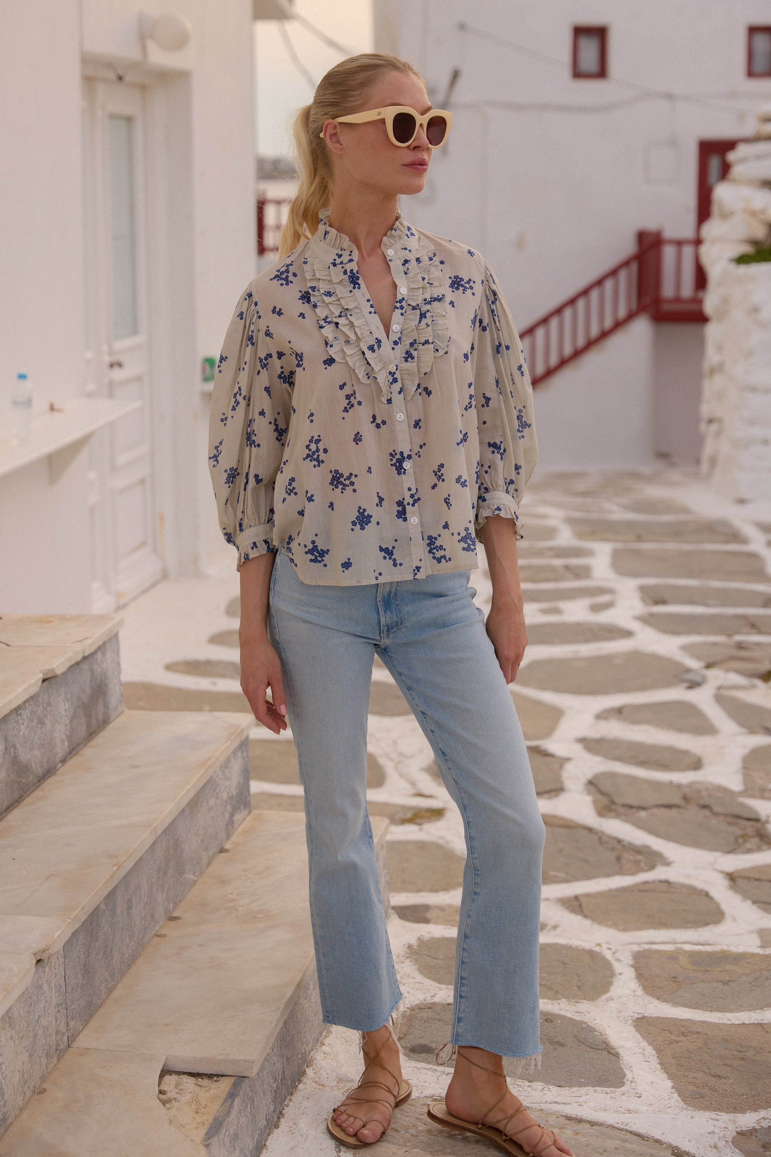 Ruffle Front Button Blouse- Alyssum Cream