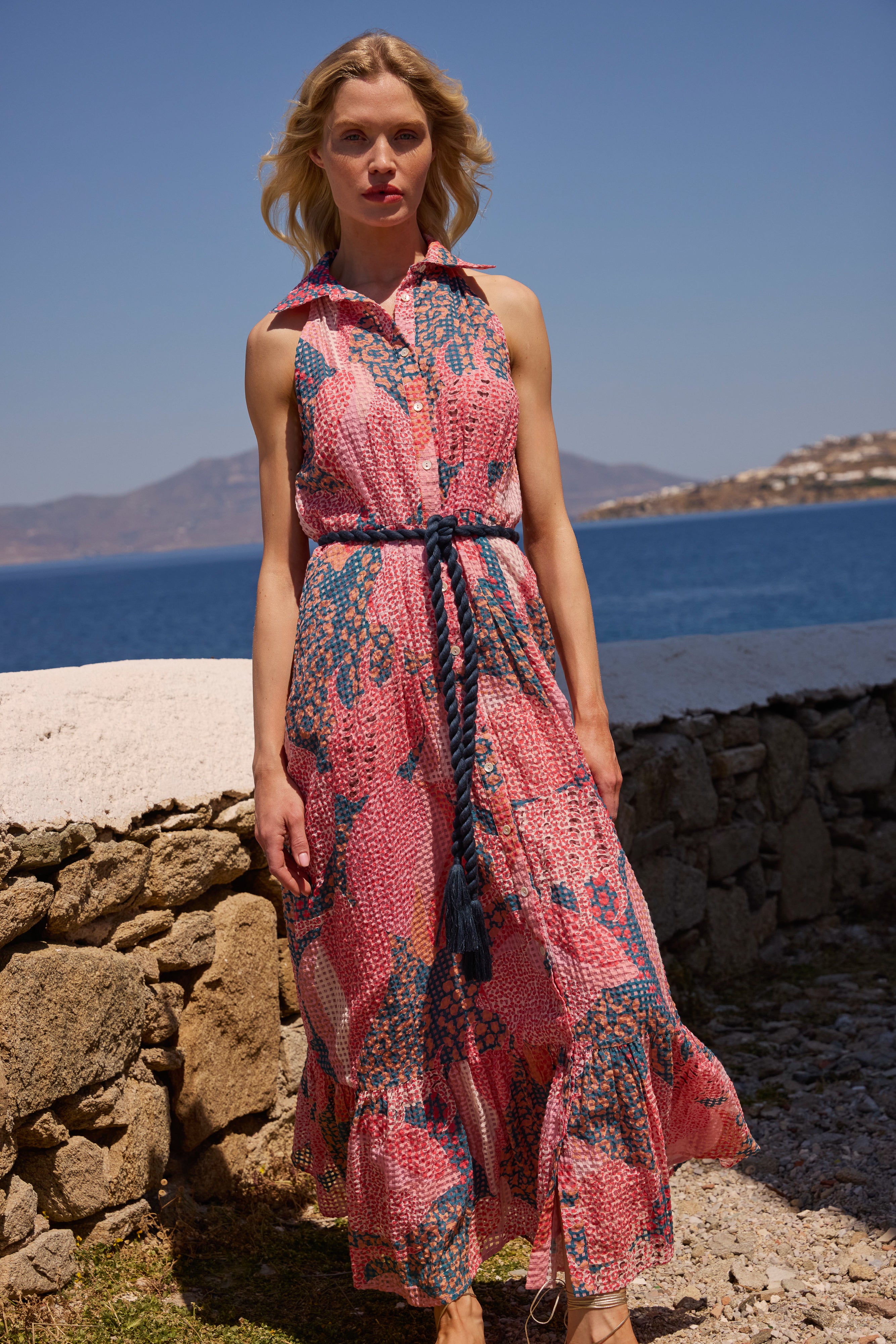 Sleeveless Shirt Dress Maxi- Nautilus Navy