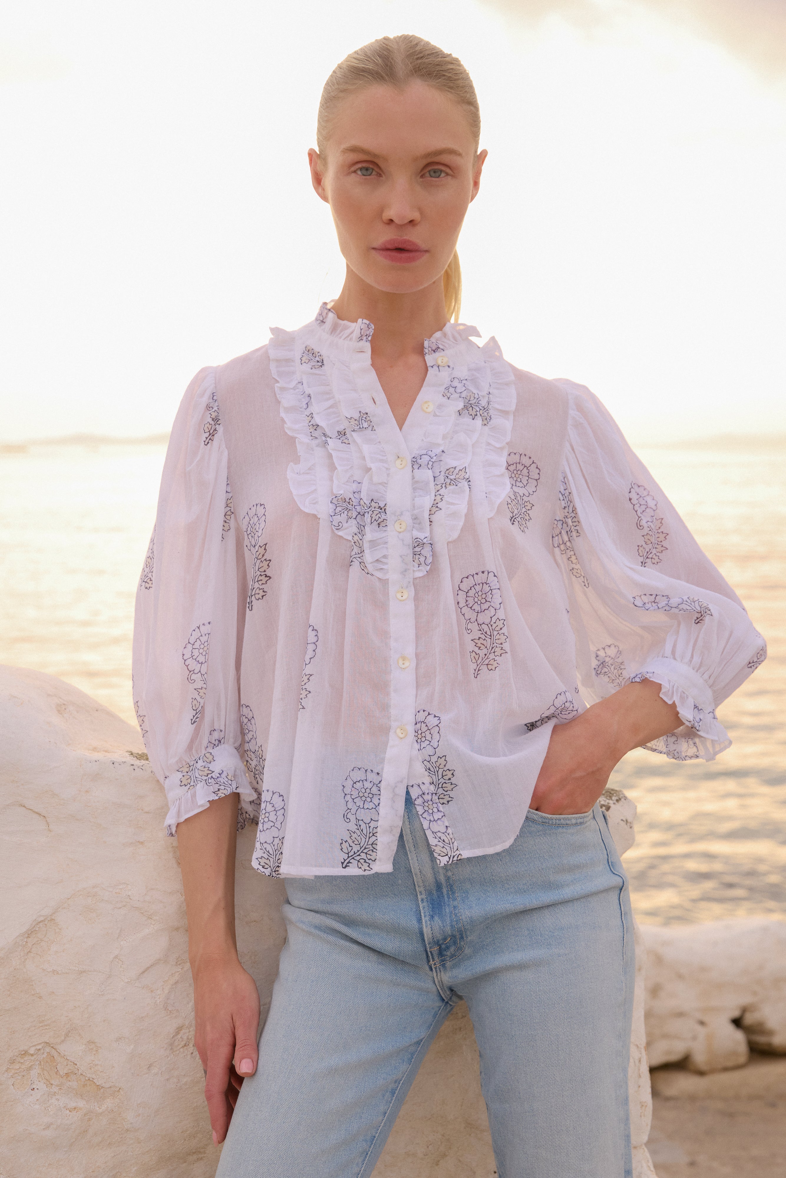 Ruffle Front Button Blouse- Leela Sky