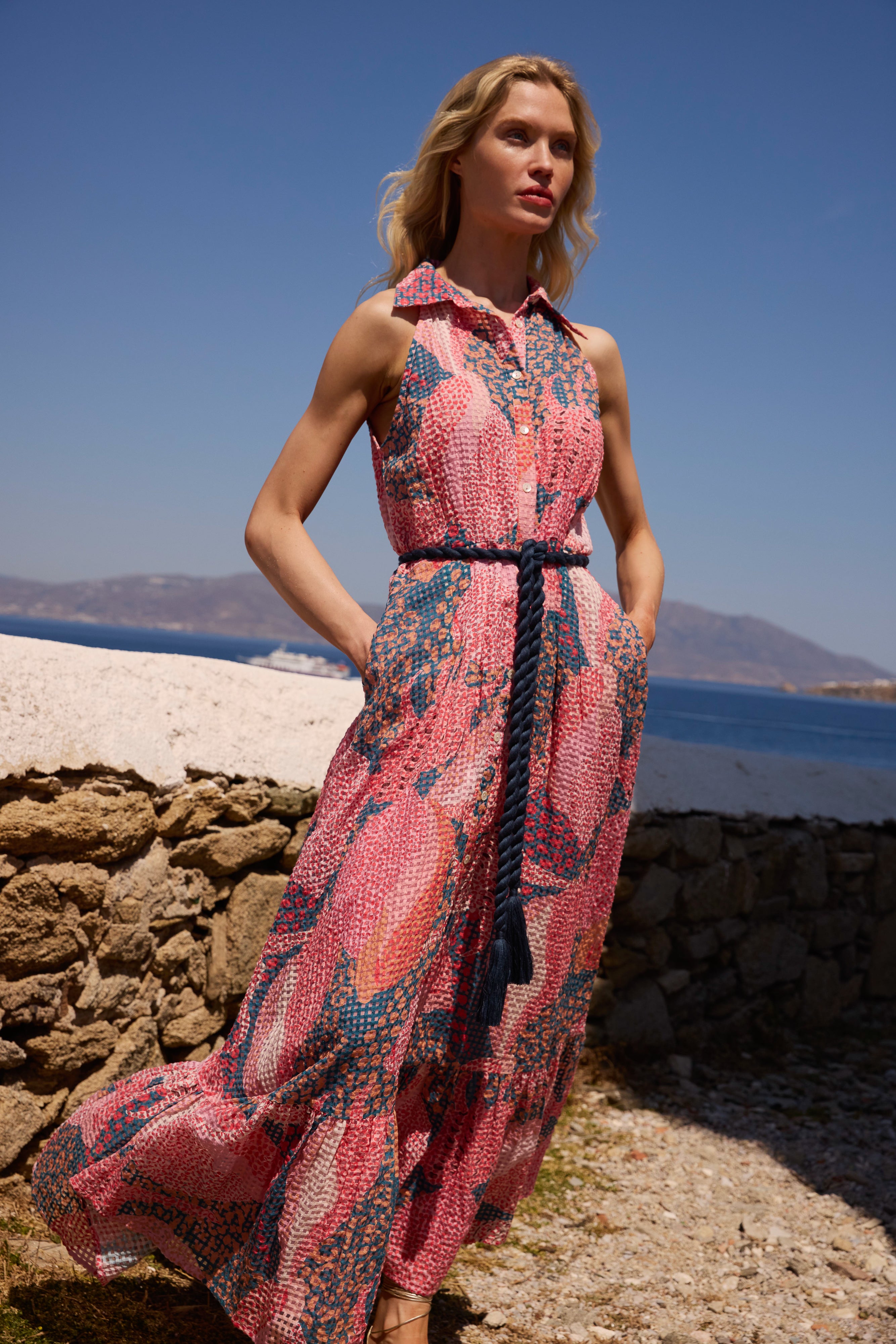 Sleeveless Shirt Dress Maxi- Nautilus Navy