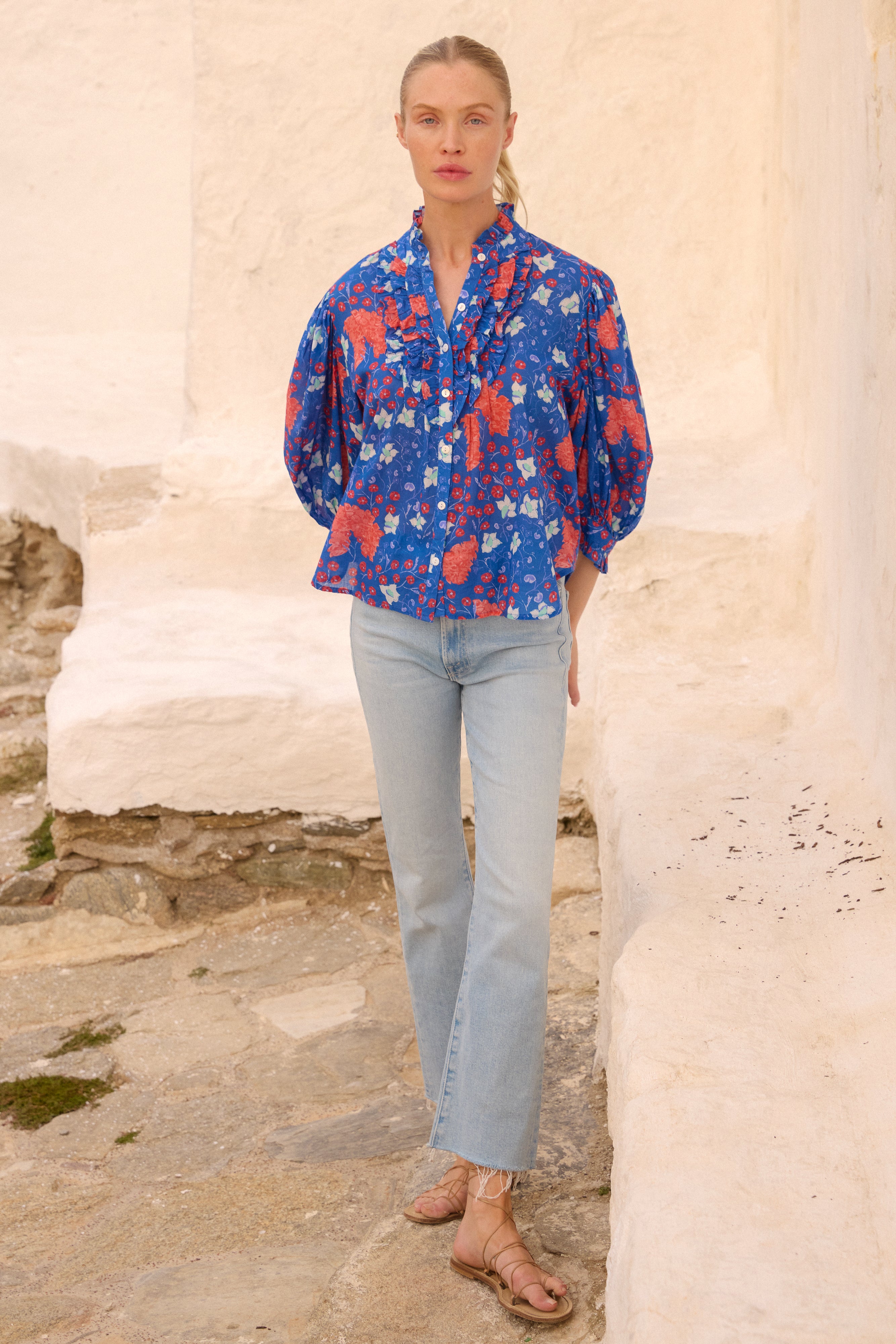 Ruffle Front Button Blouse- Fleur Blue