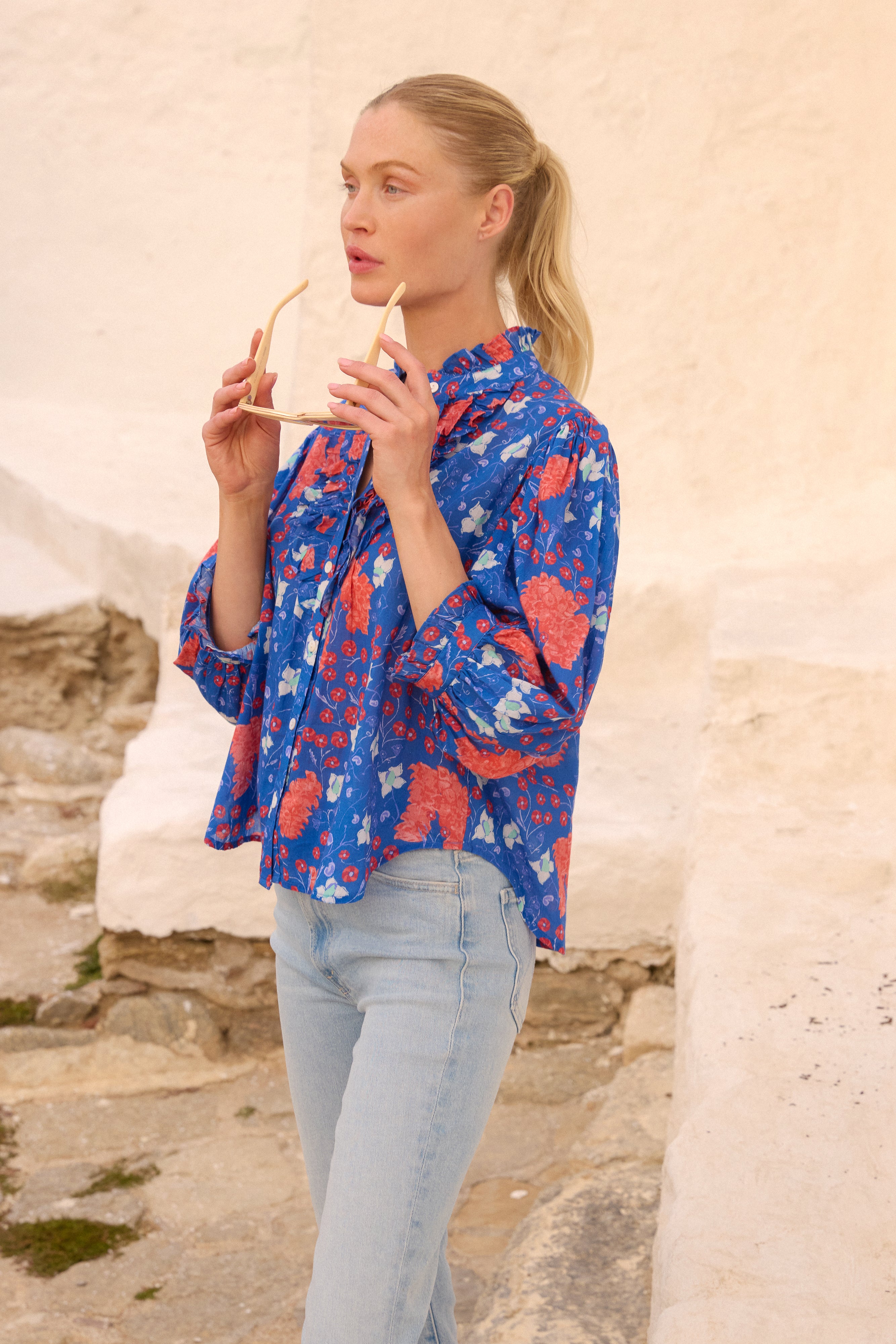 Ruffle Front Button Blouse- Fleur Blue