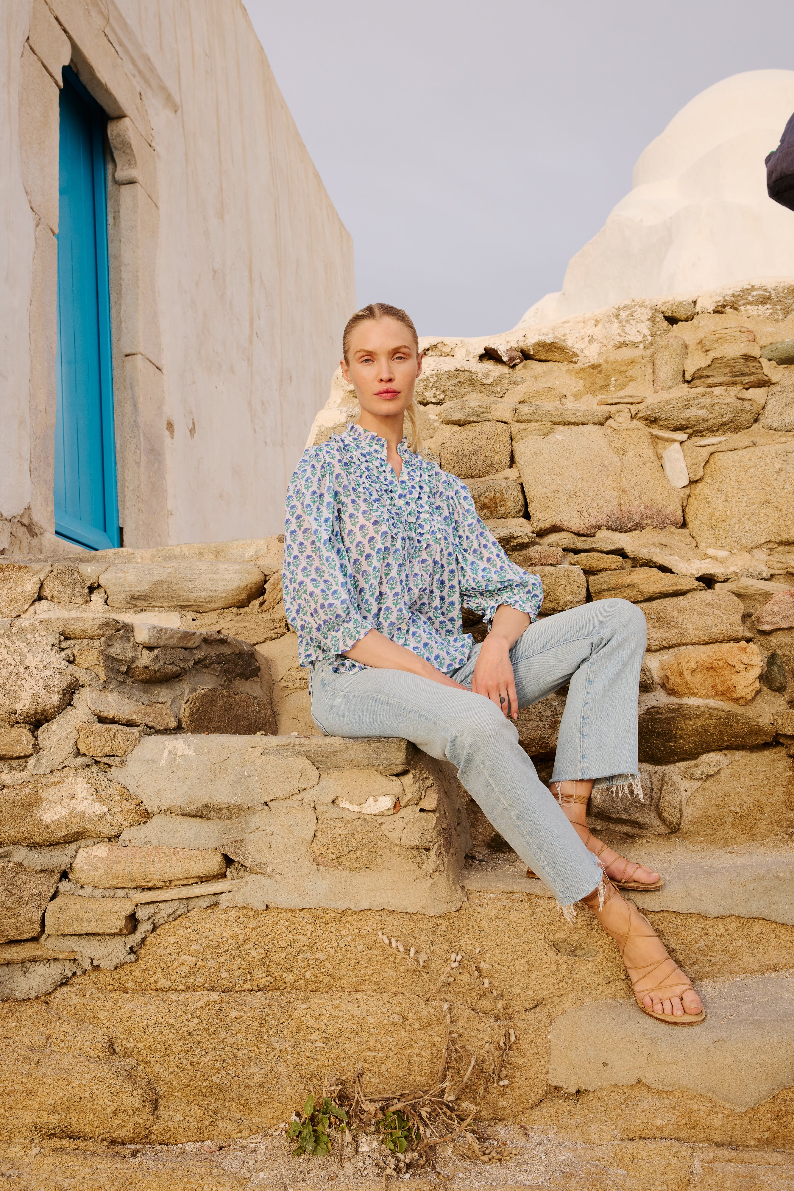 Ruffle Front Button Blouse- Boti Blue