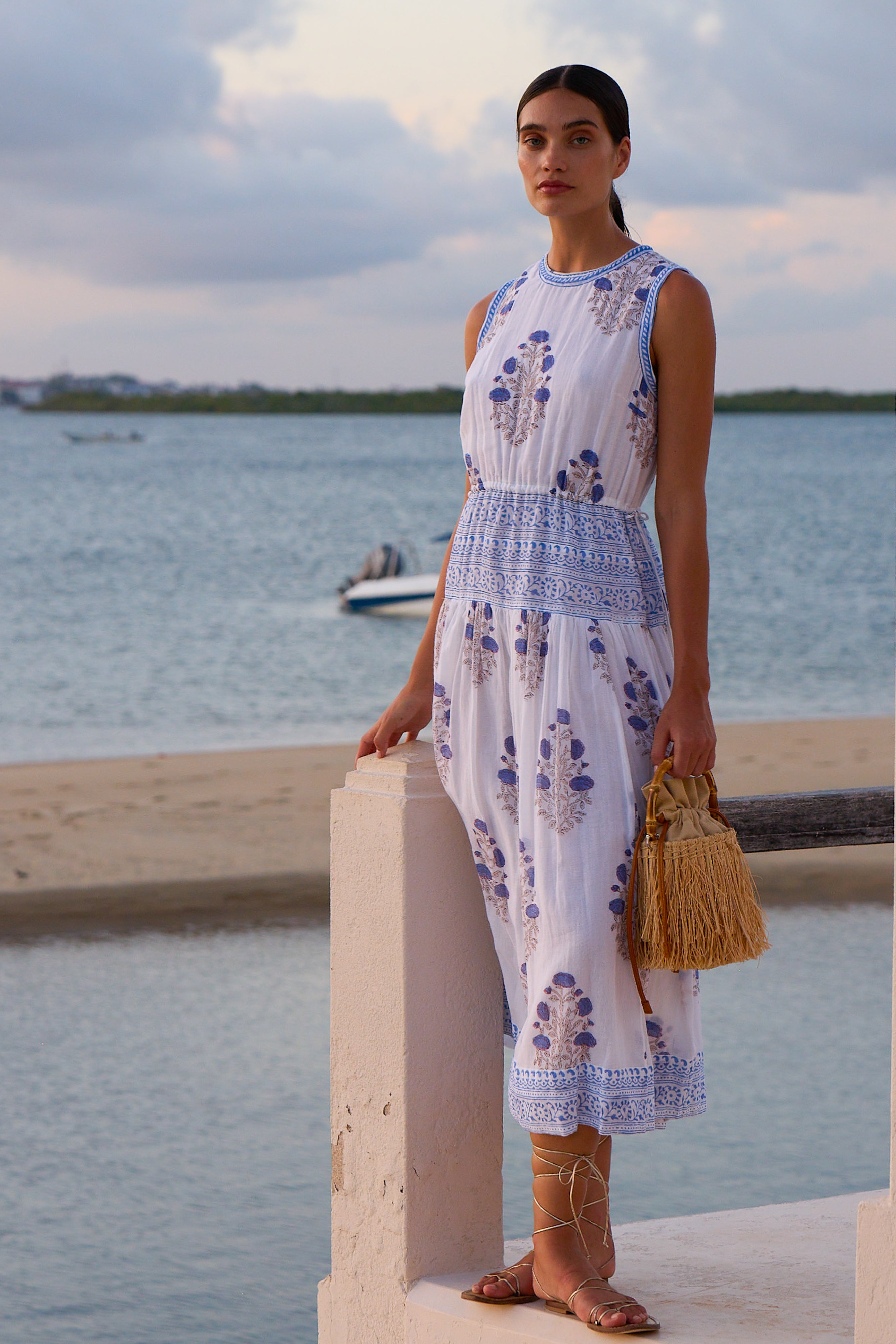 Sleeveless Piped Maxi- Laguna Blue