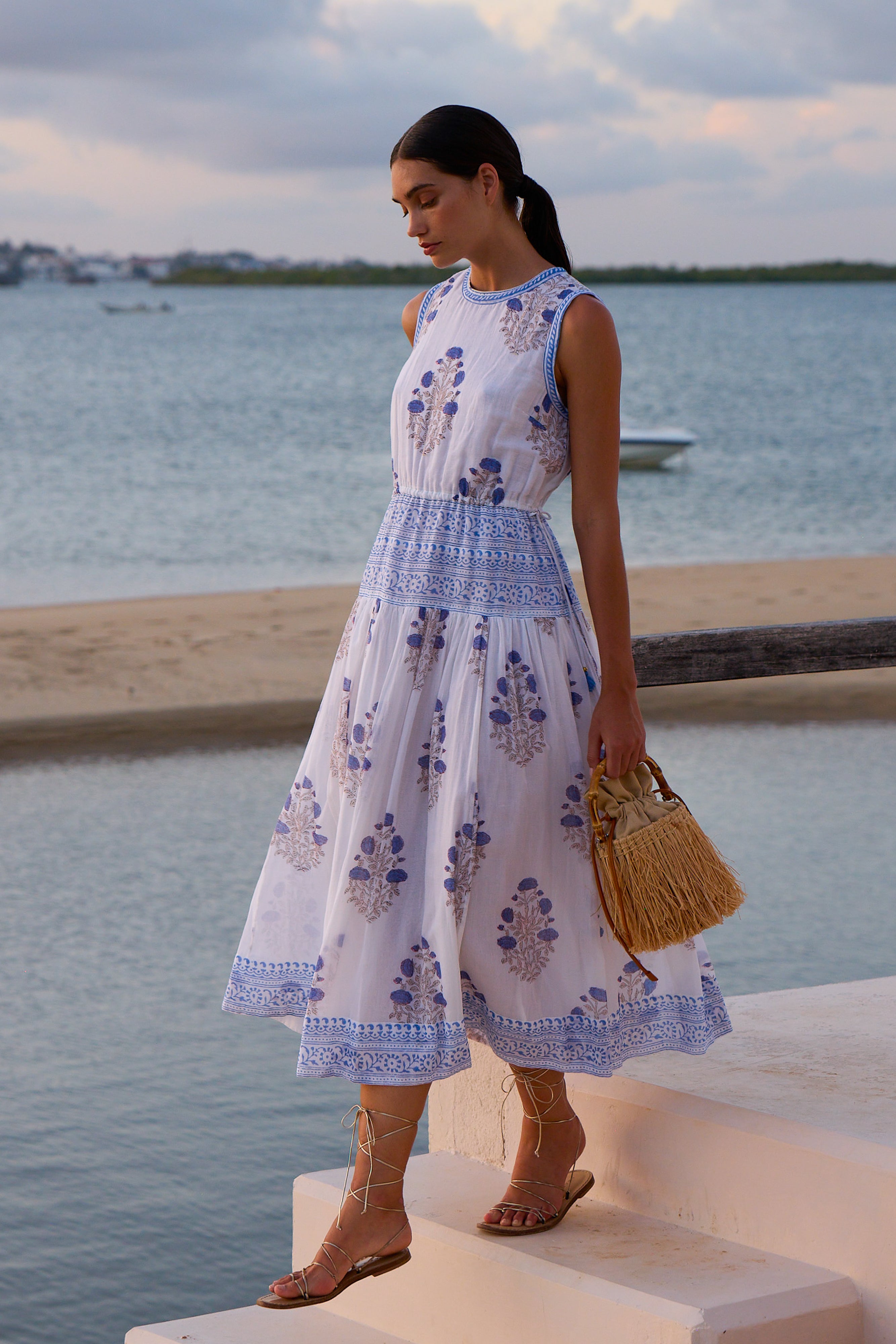 Sleeveless Piped Maxi- Laguna Blue