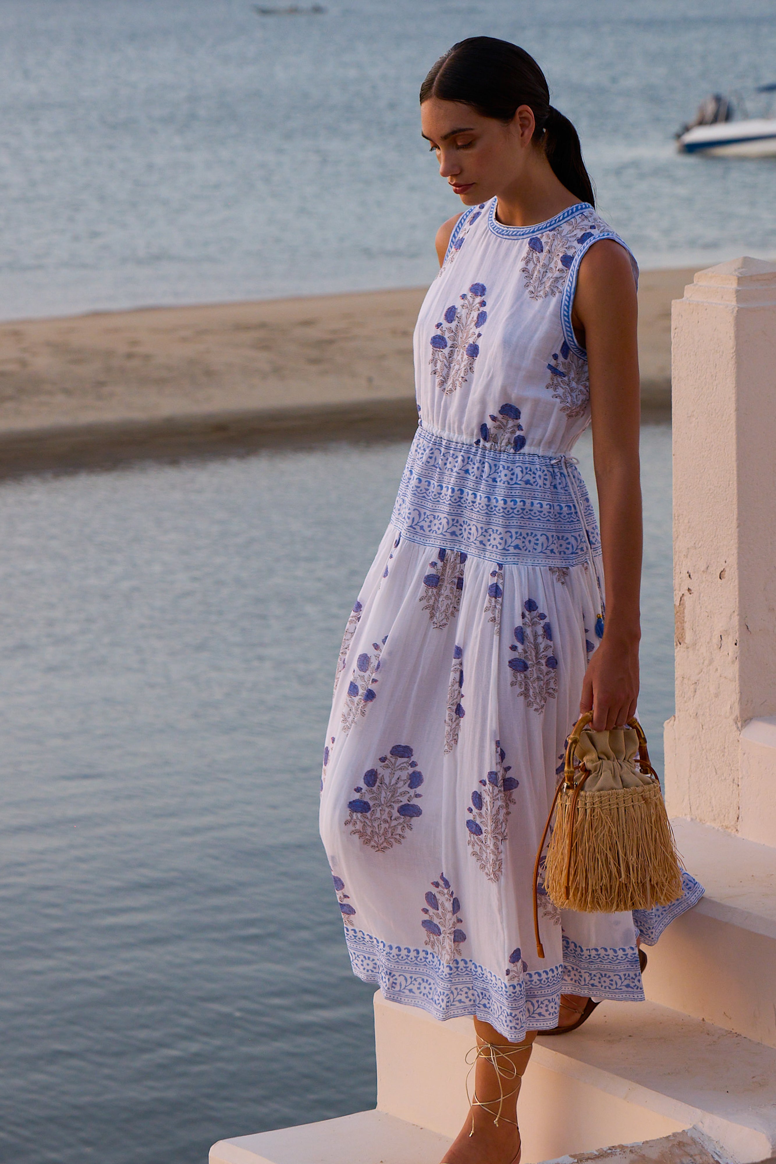 Sleeveless Piped Maxi- Laguna Blue