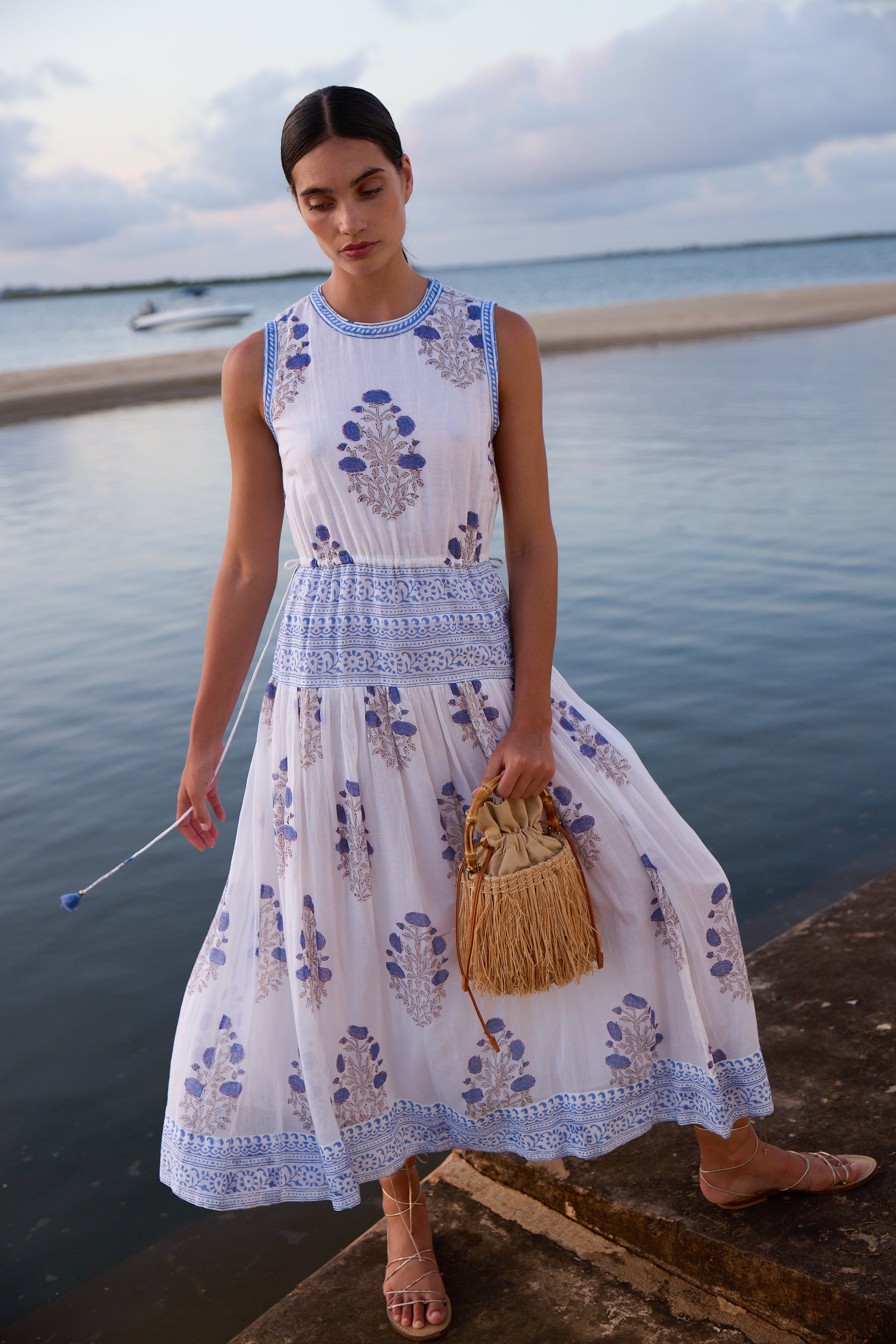 Sleeveless Piped Maxi- Laguna Blue