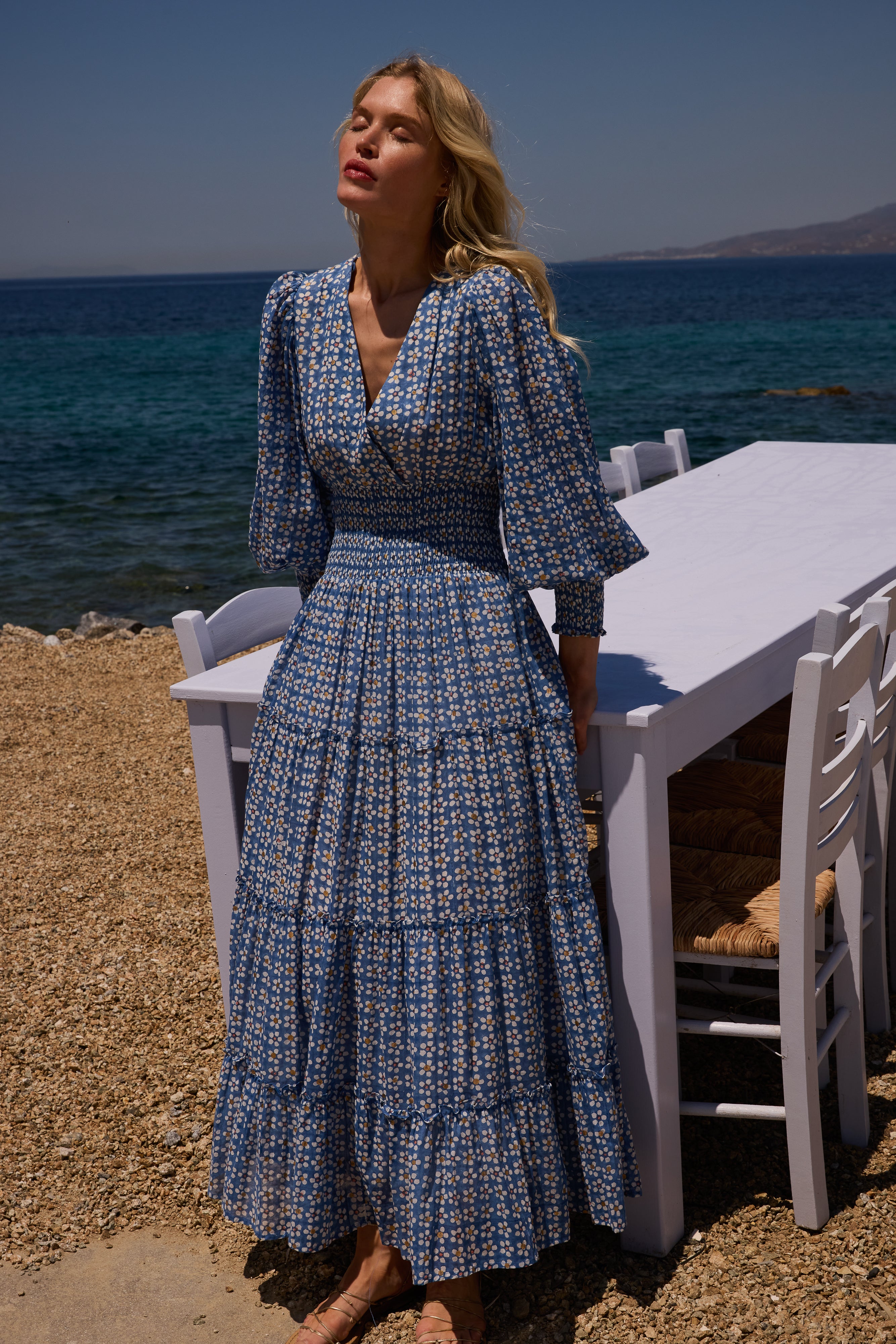 V-Neck Smocked Waist Midi- Aster Blue