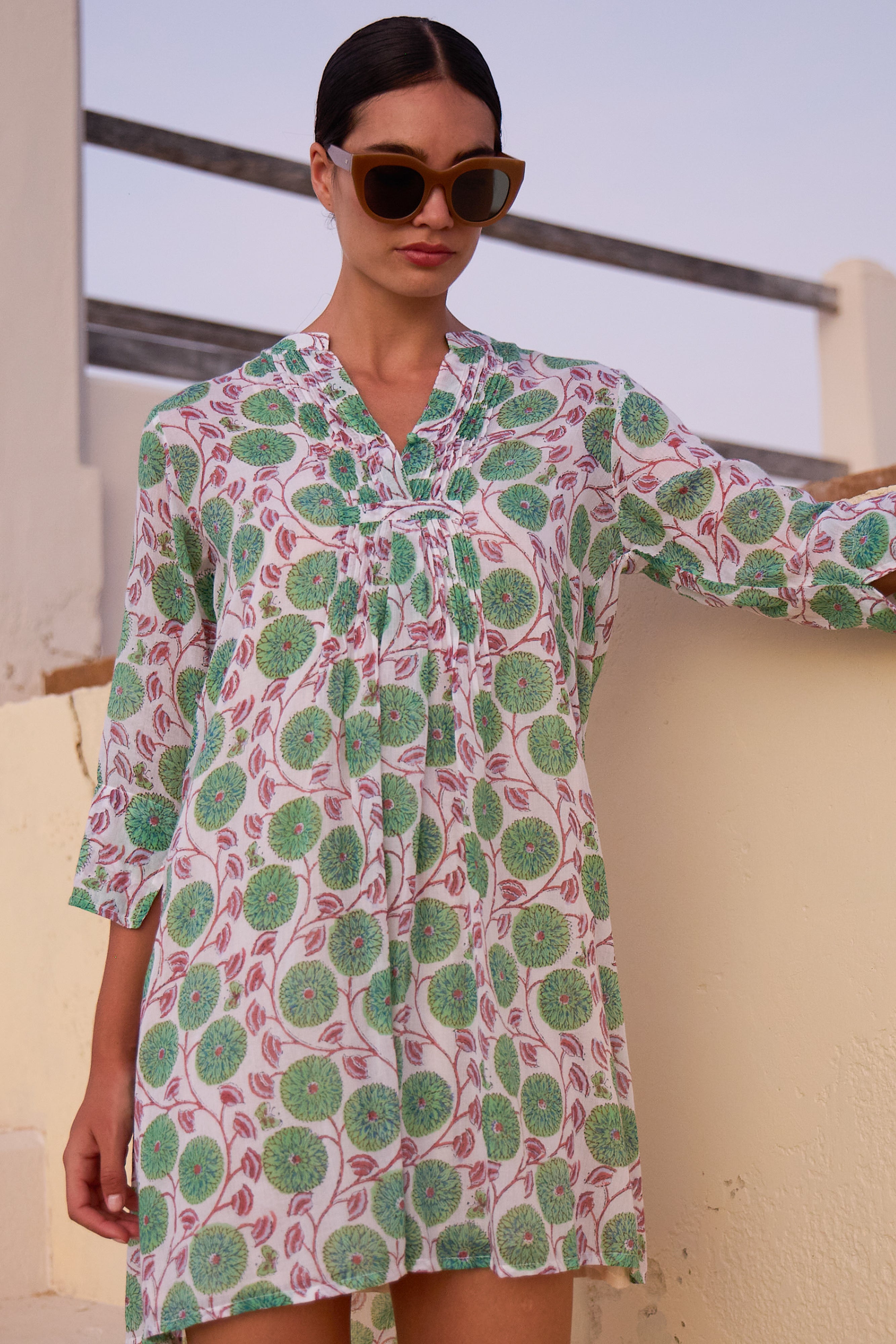 3/4 Sleeve Pintuck Dress- Monarch Green