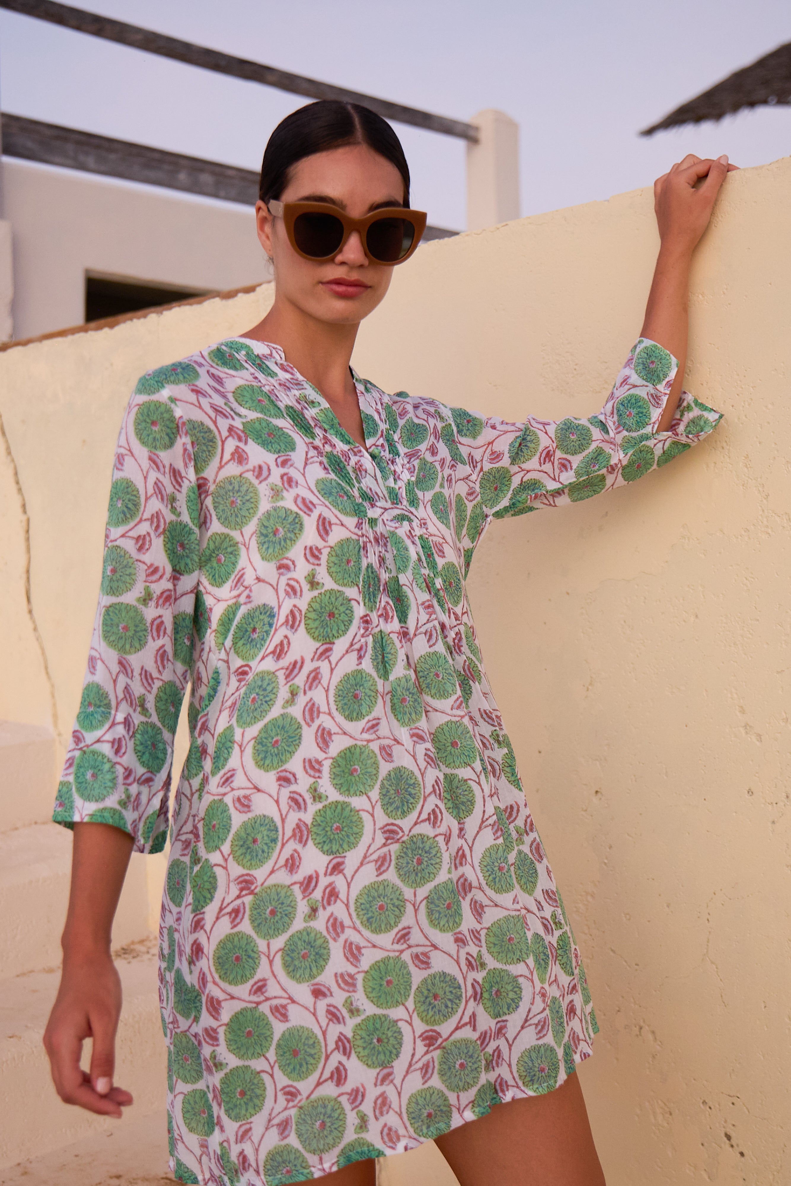 3/4 Sleeve Pintuck Dress- Monarch Green