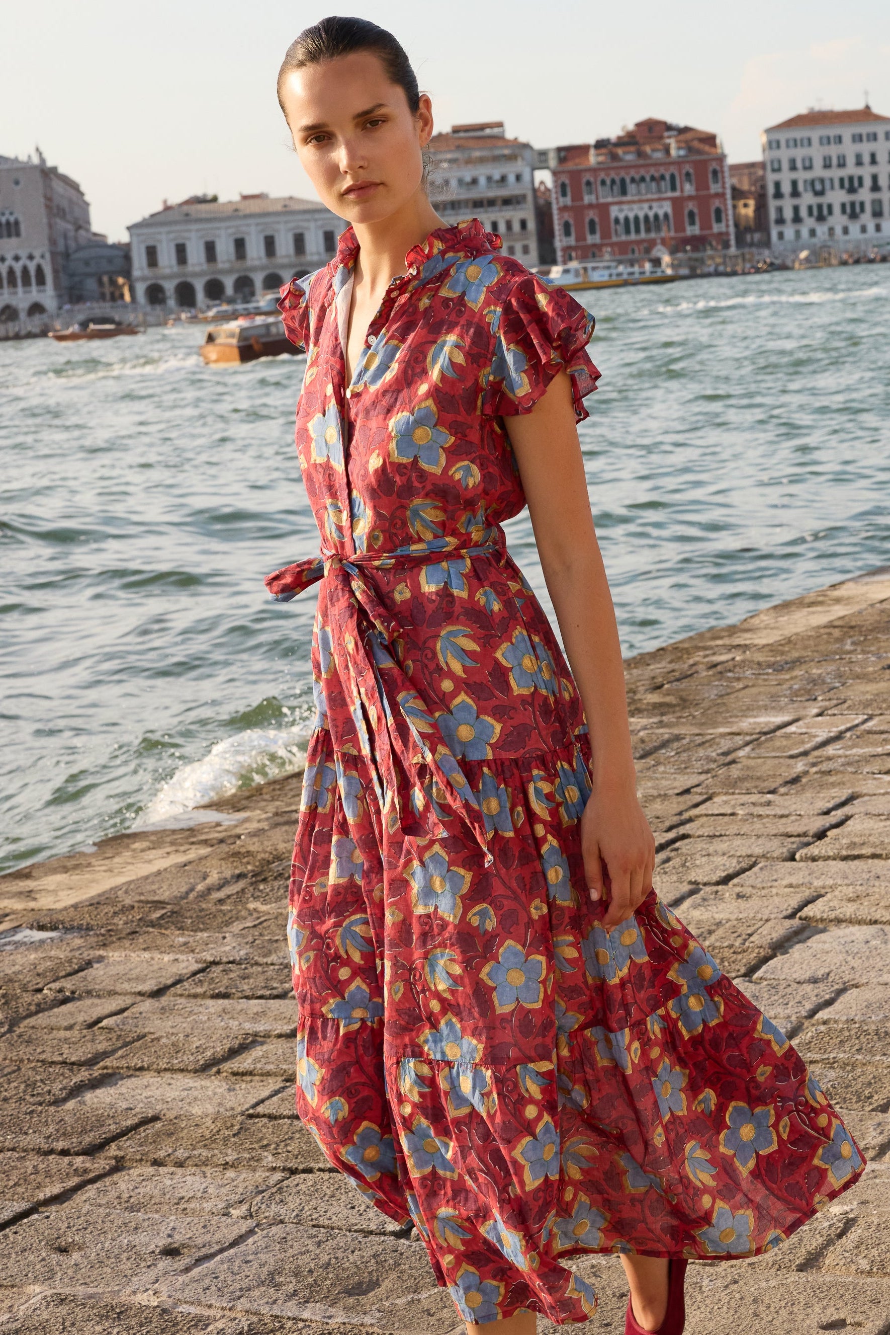 Ruffle Collar Button Maxi- Kildare Red