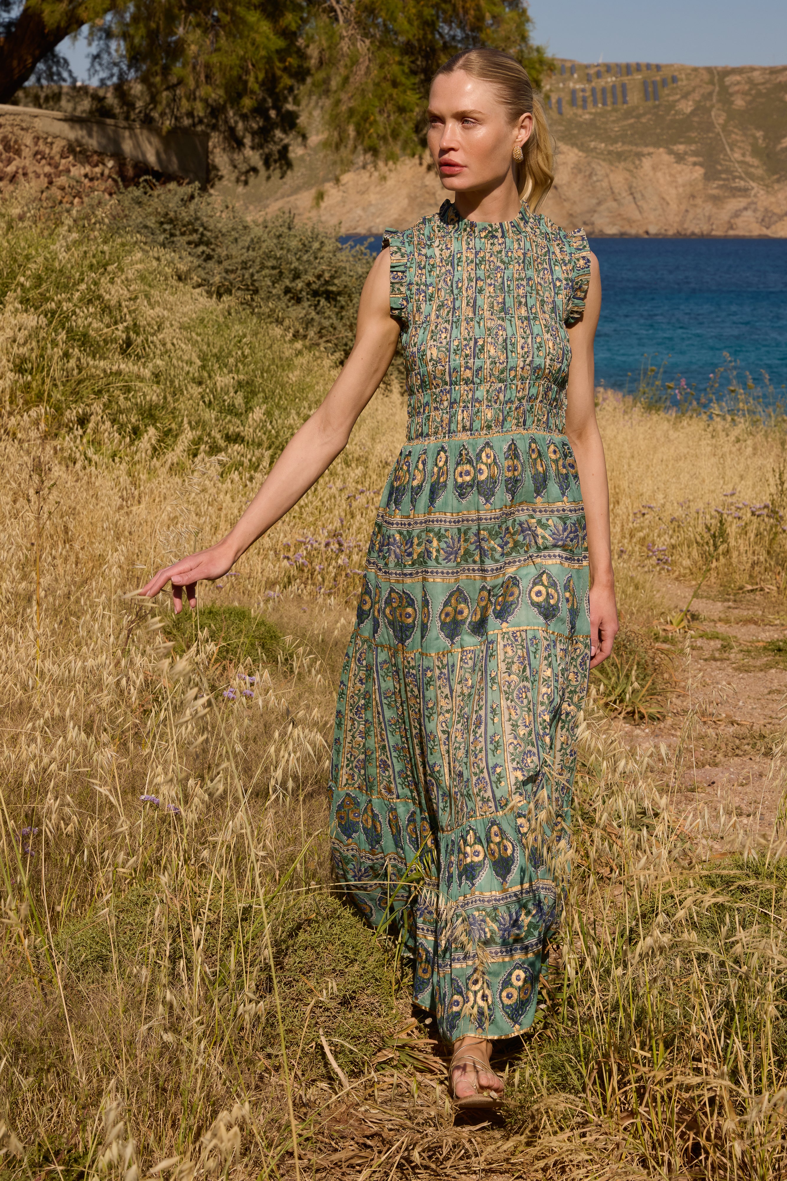 Sleeveless Smocked Maxi- Taj Aqua