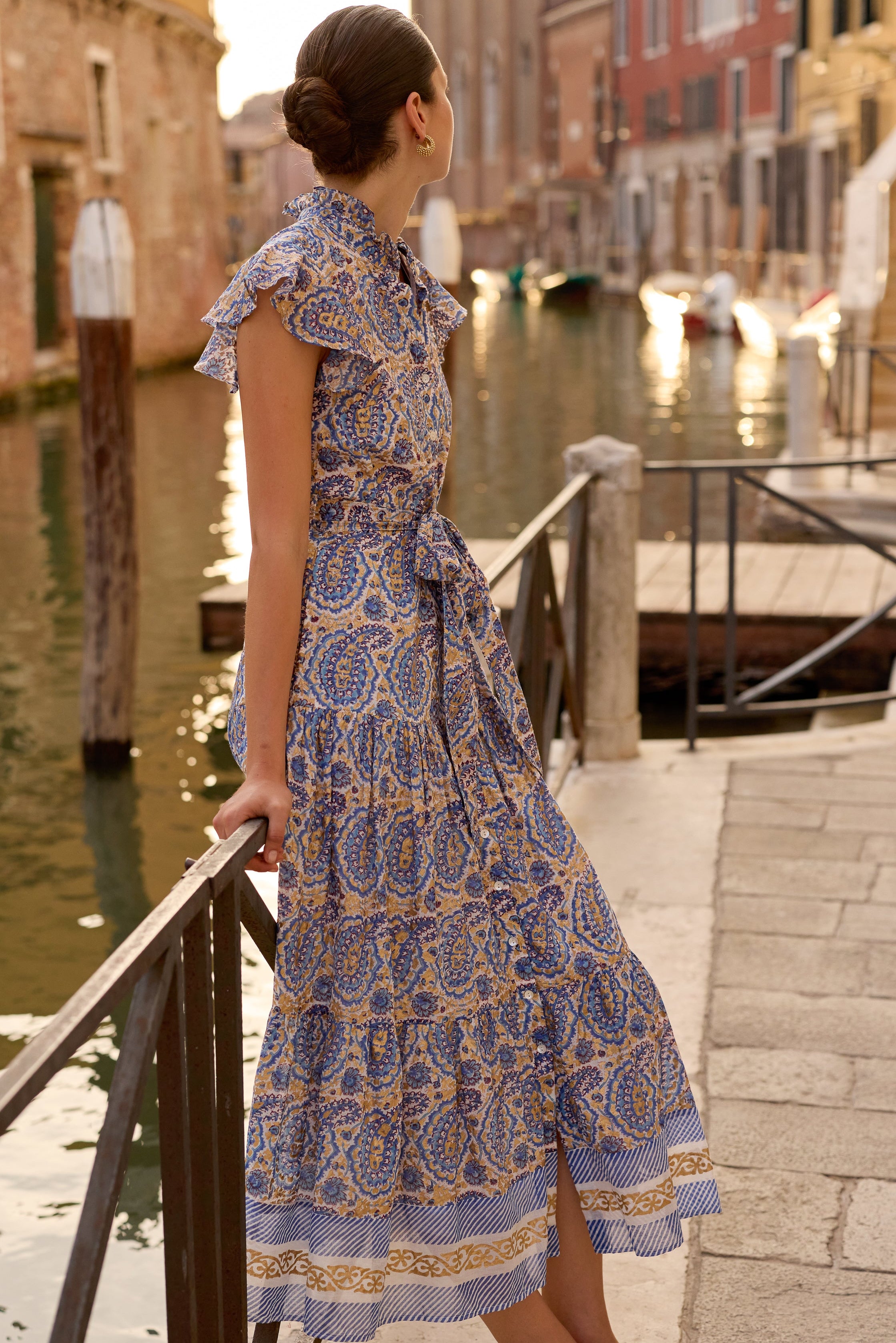 Ruffle Collar Button Maxi- Izmir Blue
