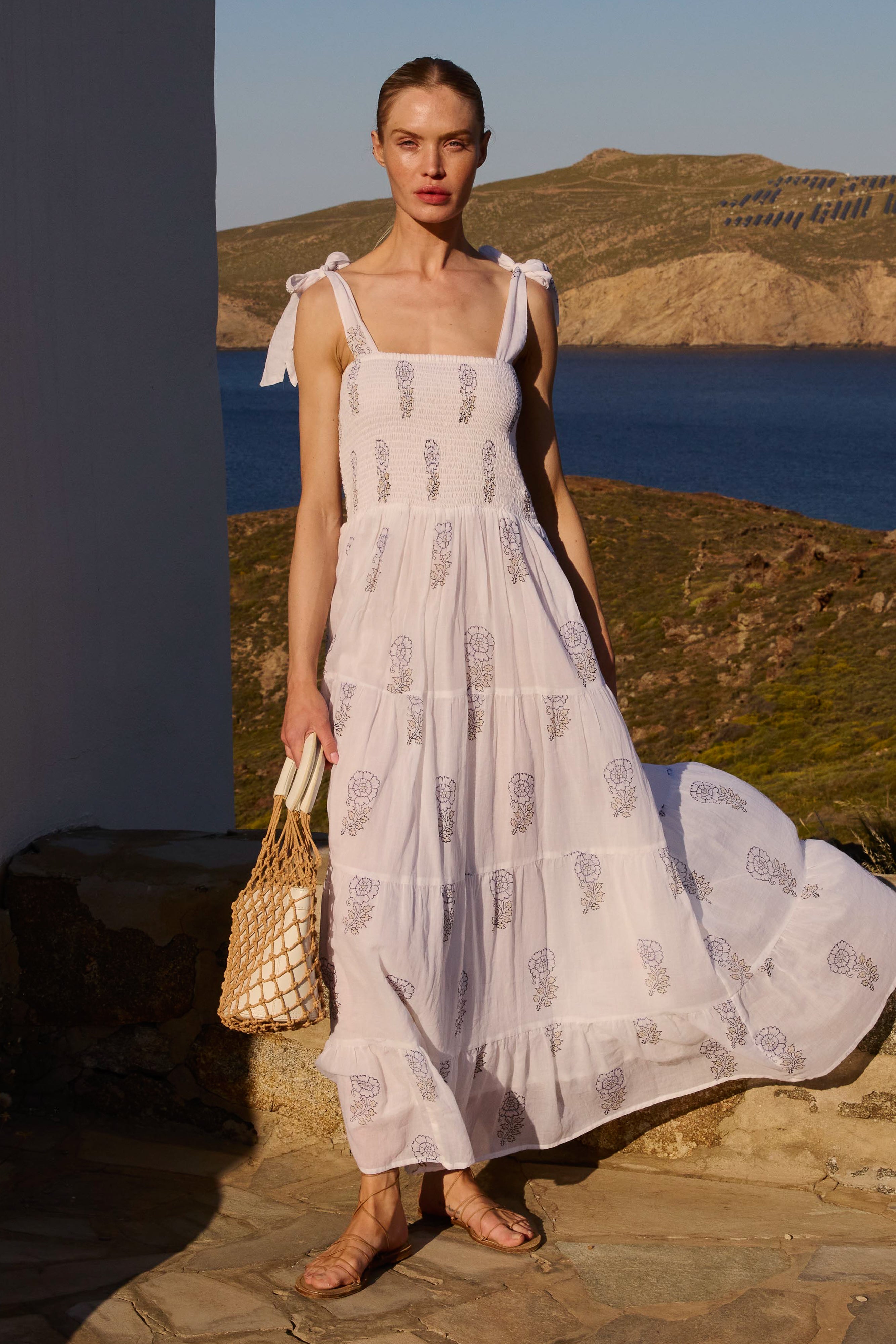Wide Strap Smocked Maxi- Leela Sky