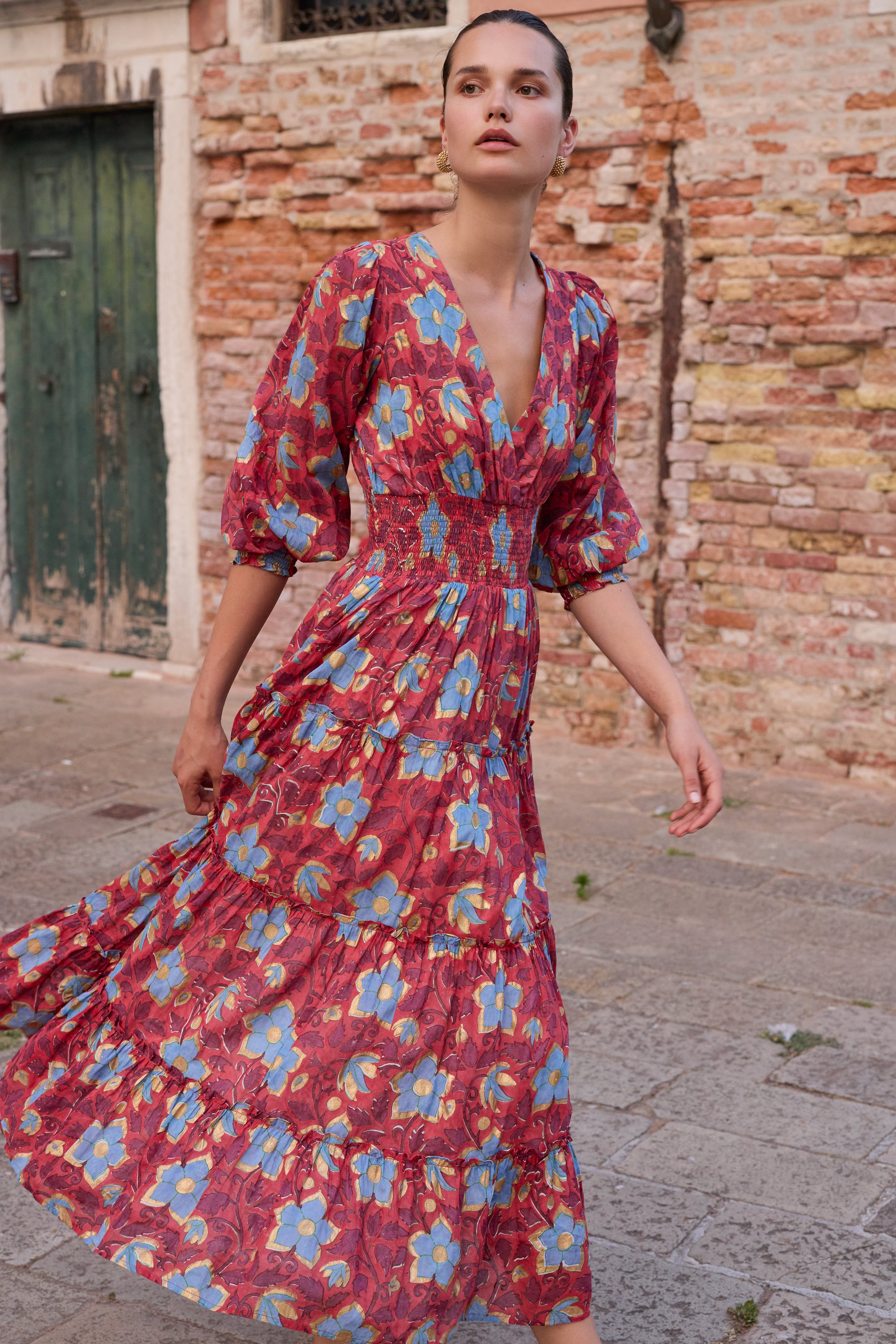 V-Neck Smocked Waist Midi- Kildare Red