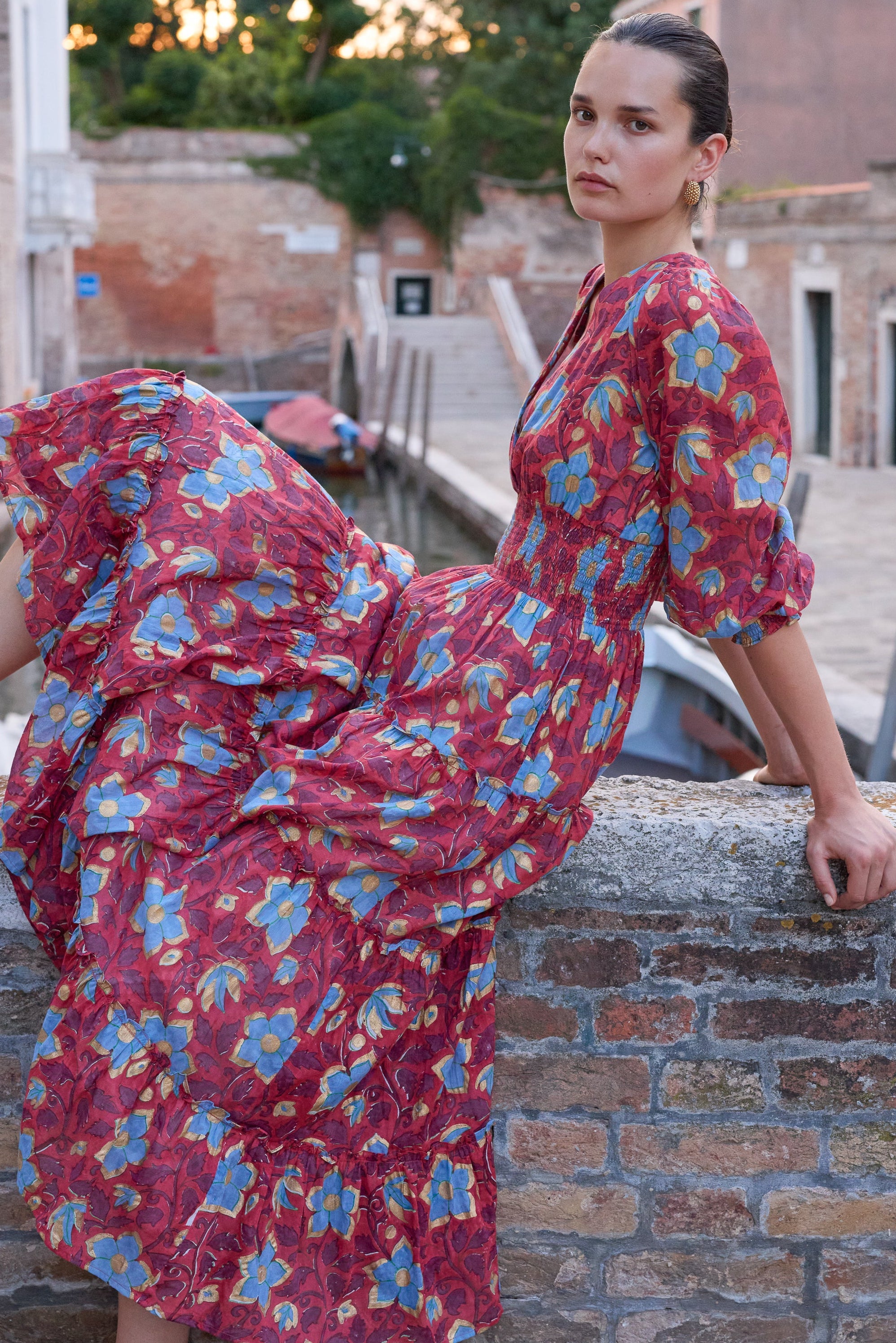 V-Neck Smocked Waist Midi- Kildare Red