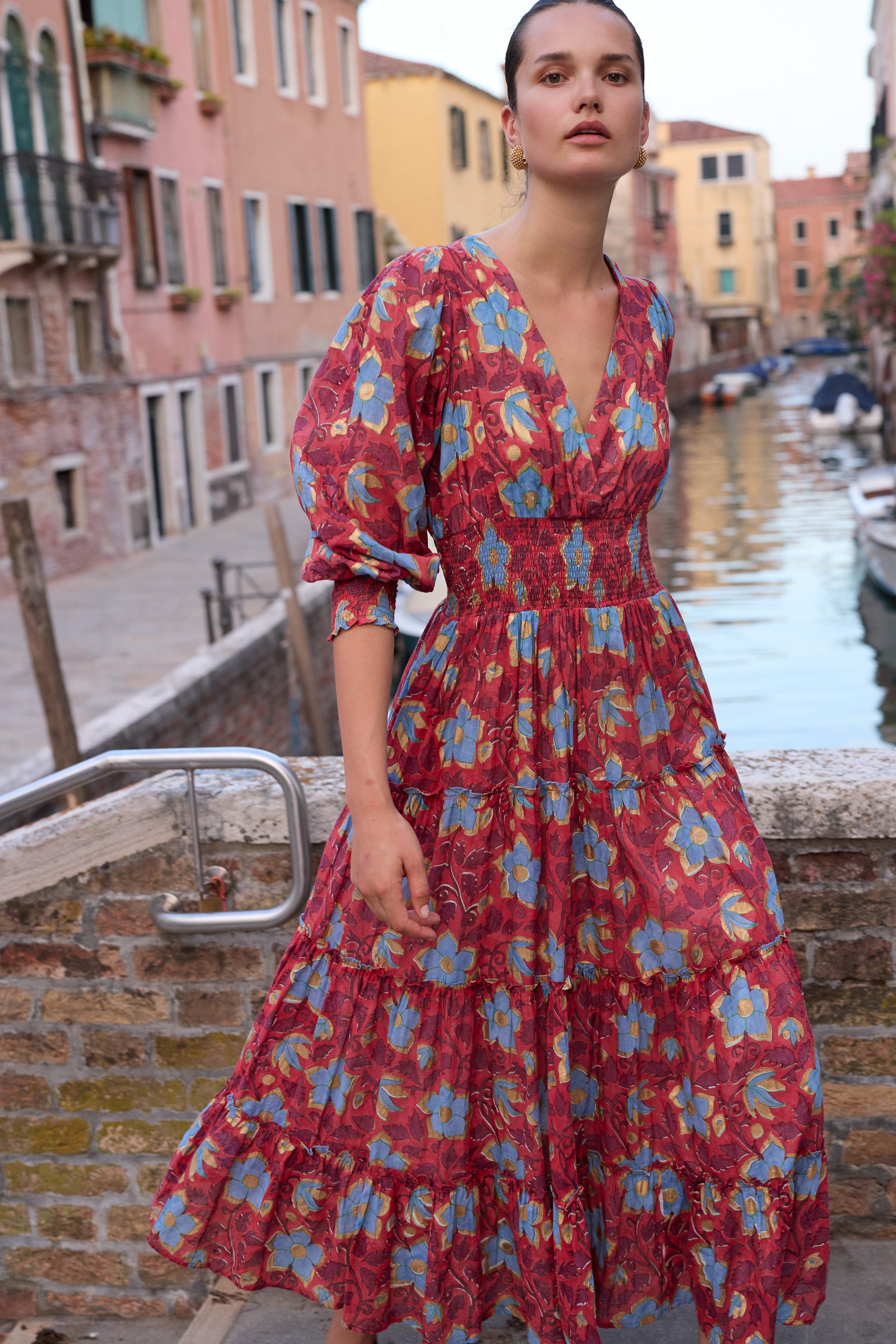 V-Neck Smocked Waist Midi- Kildare Red