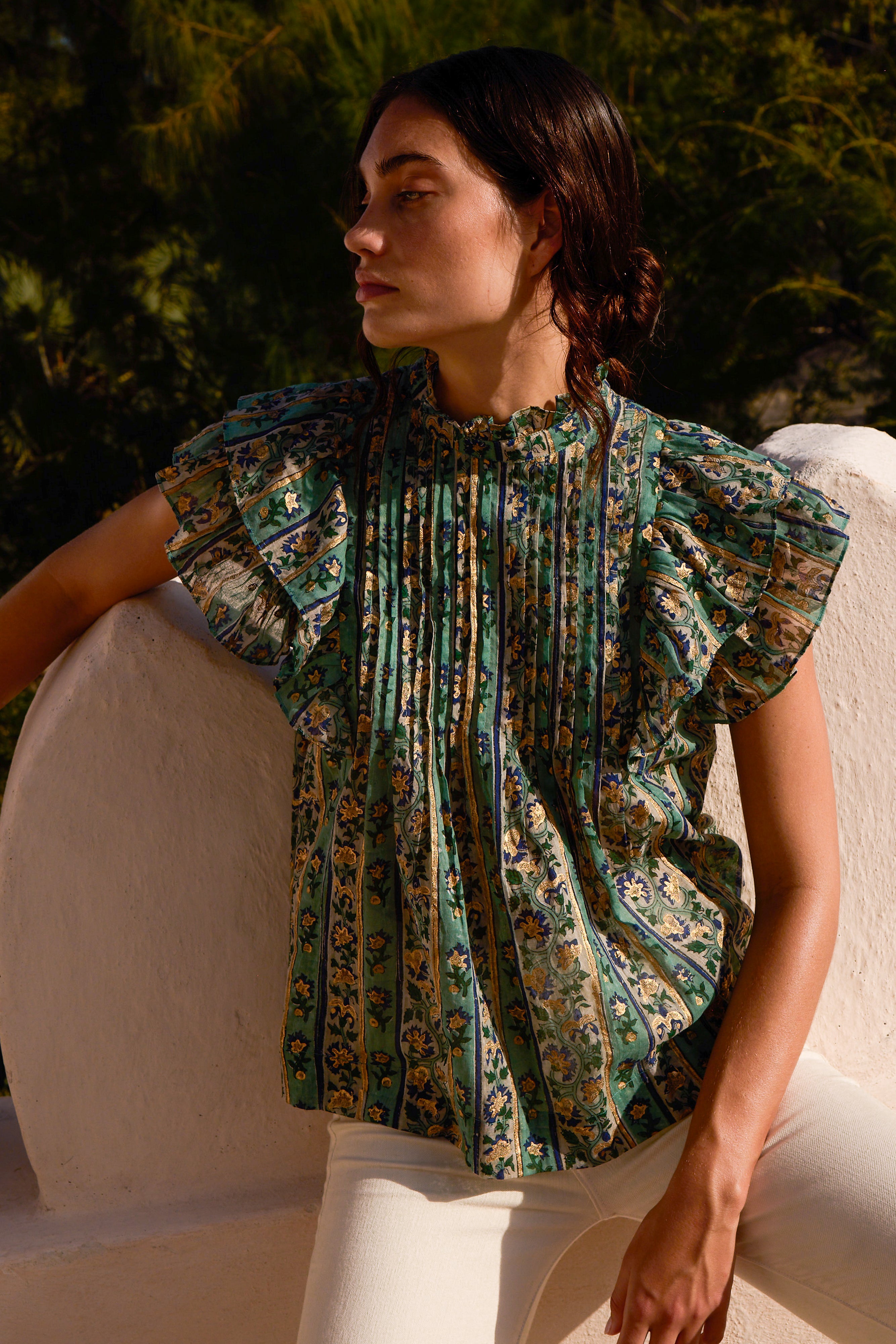 Pintuck Ruffle Top- Taj Aqua