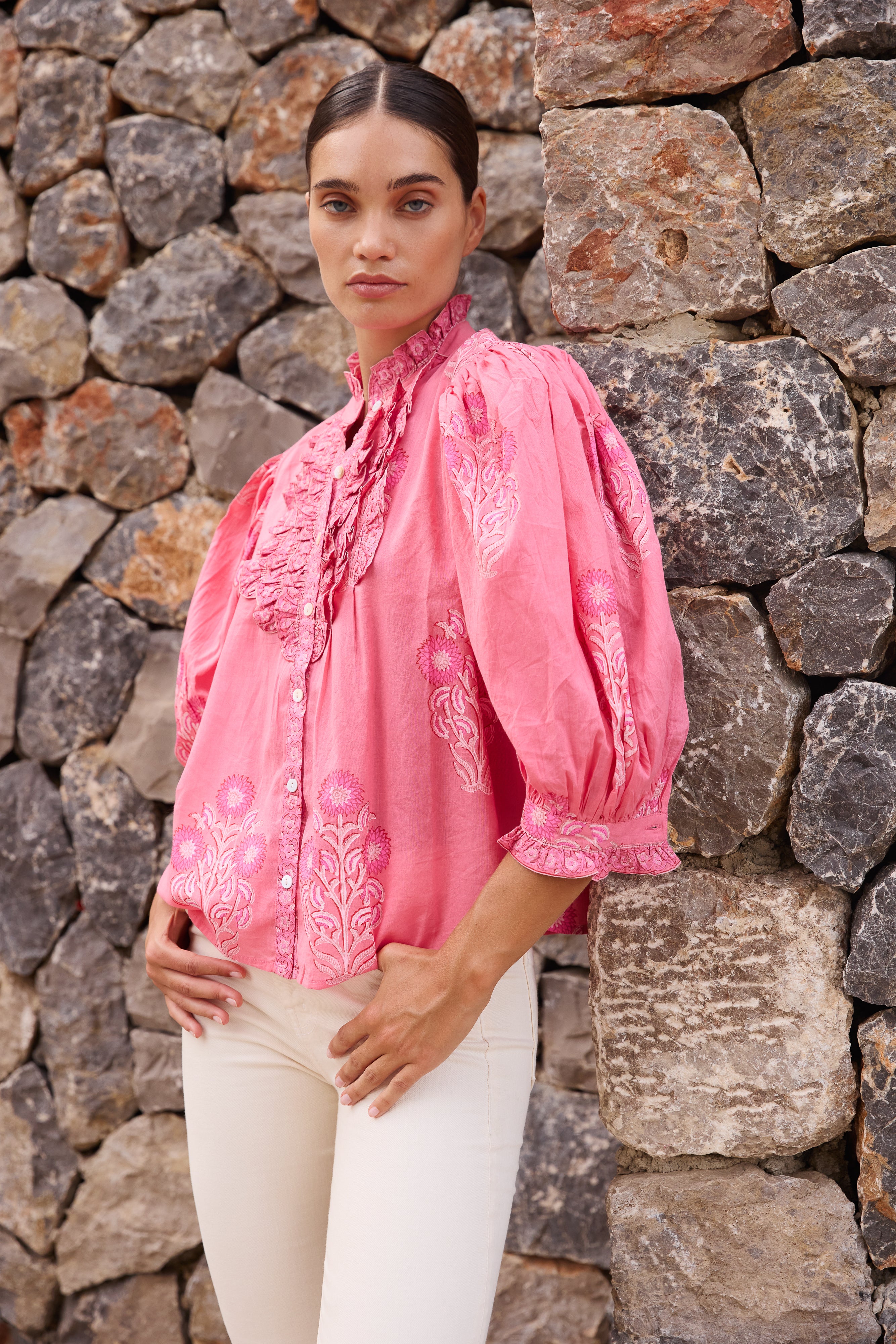 Ruffle Front Button Blouse- Raton Pink