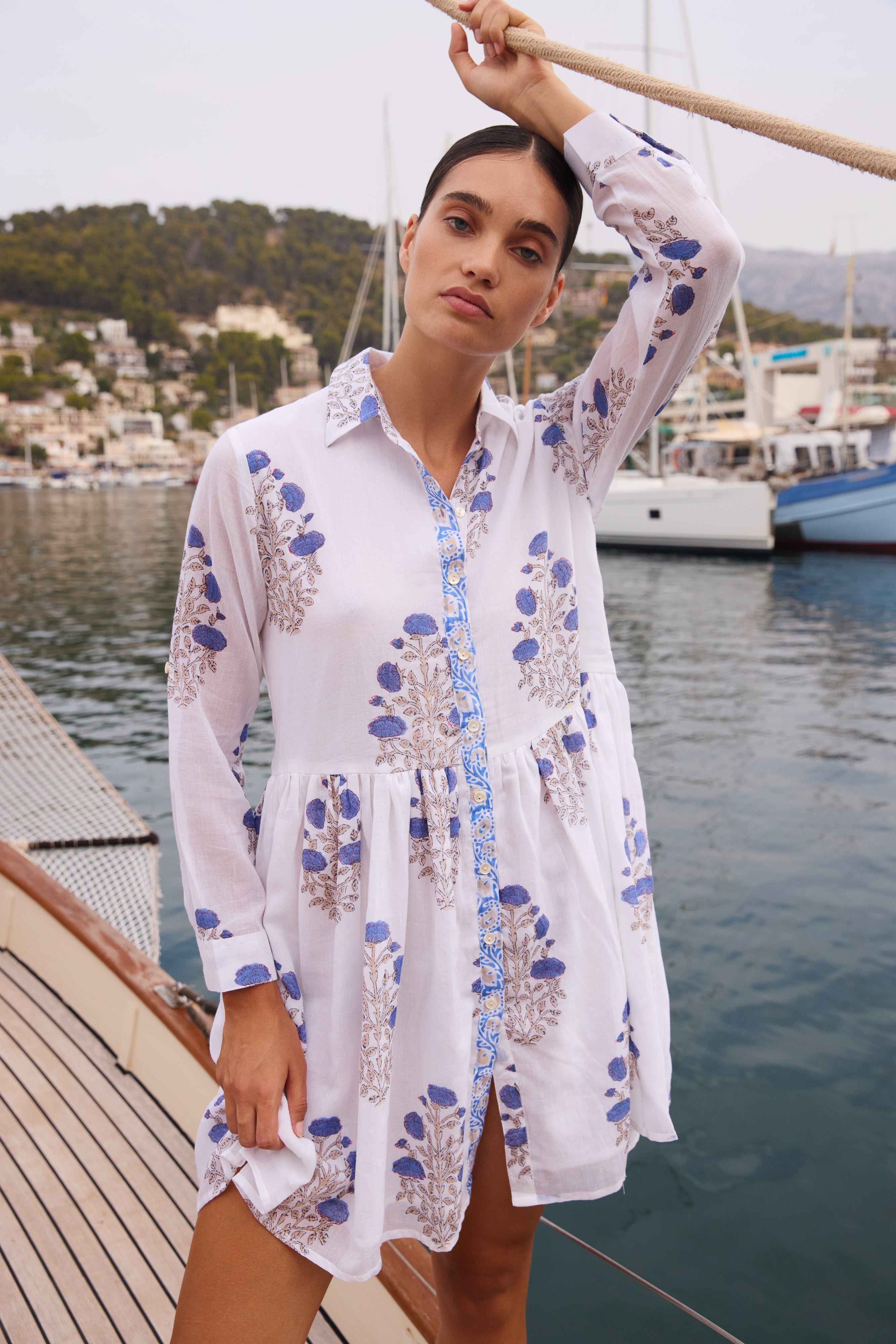 Long Sleeve Shirt Dress Mini- Laguna Blue