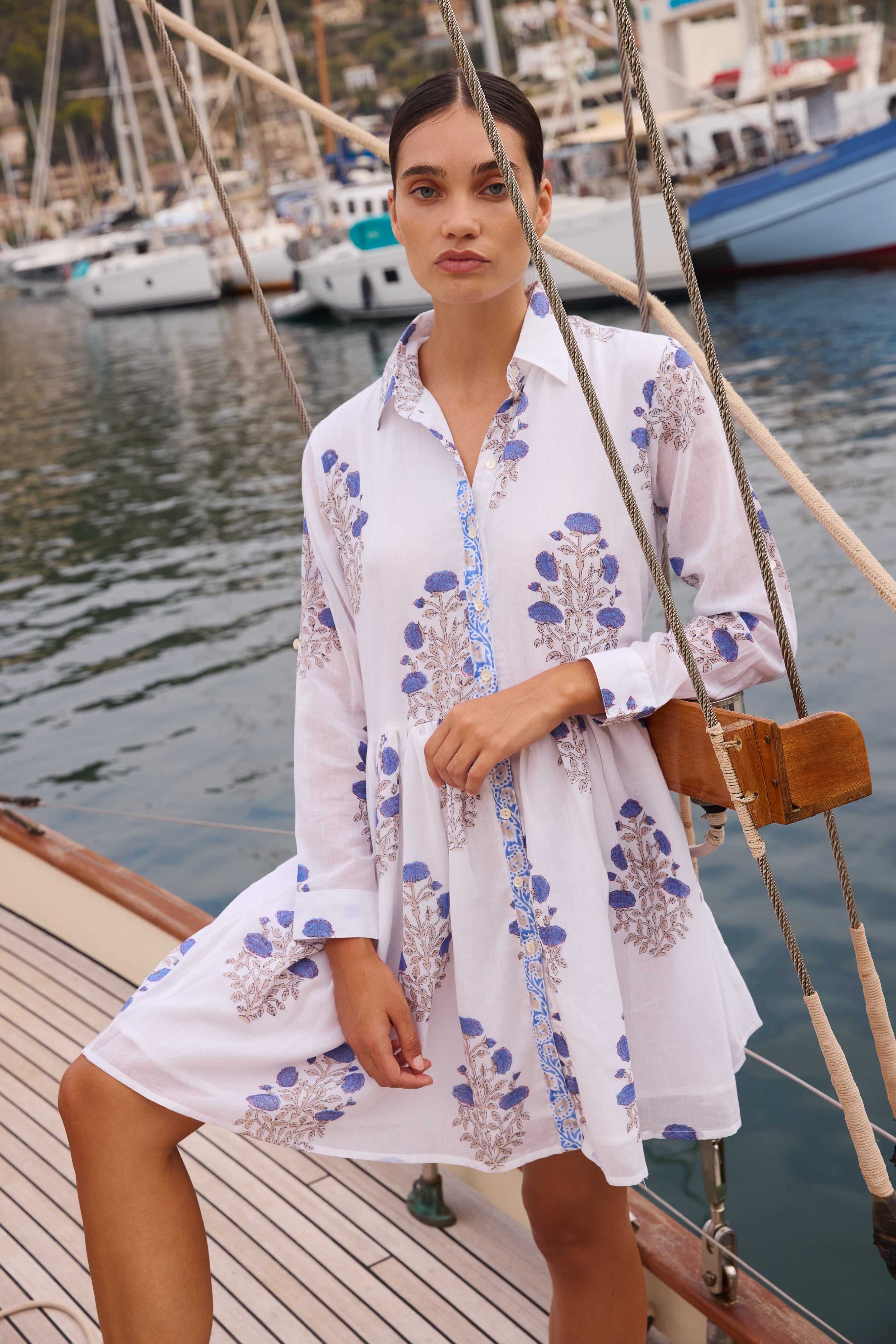 Long Sleeve Shirt Dress Mini- Laguna Blue