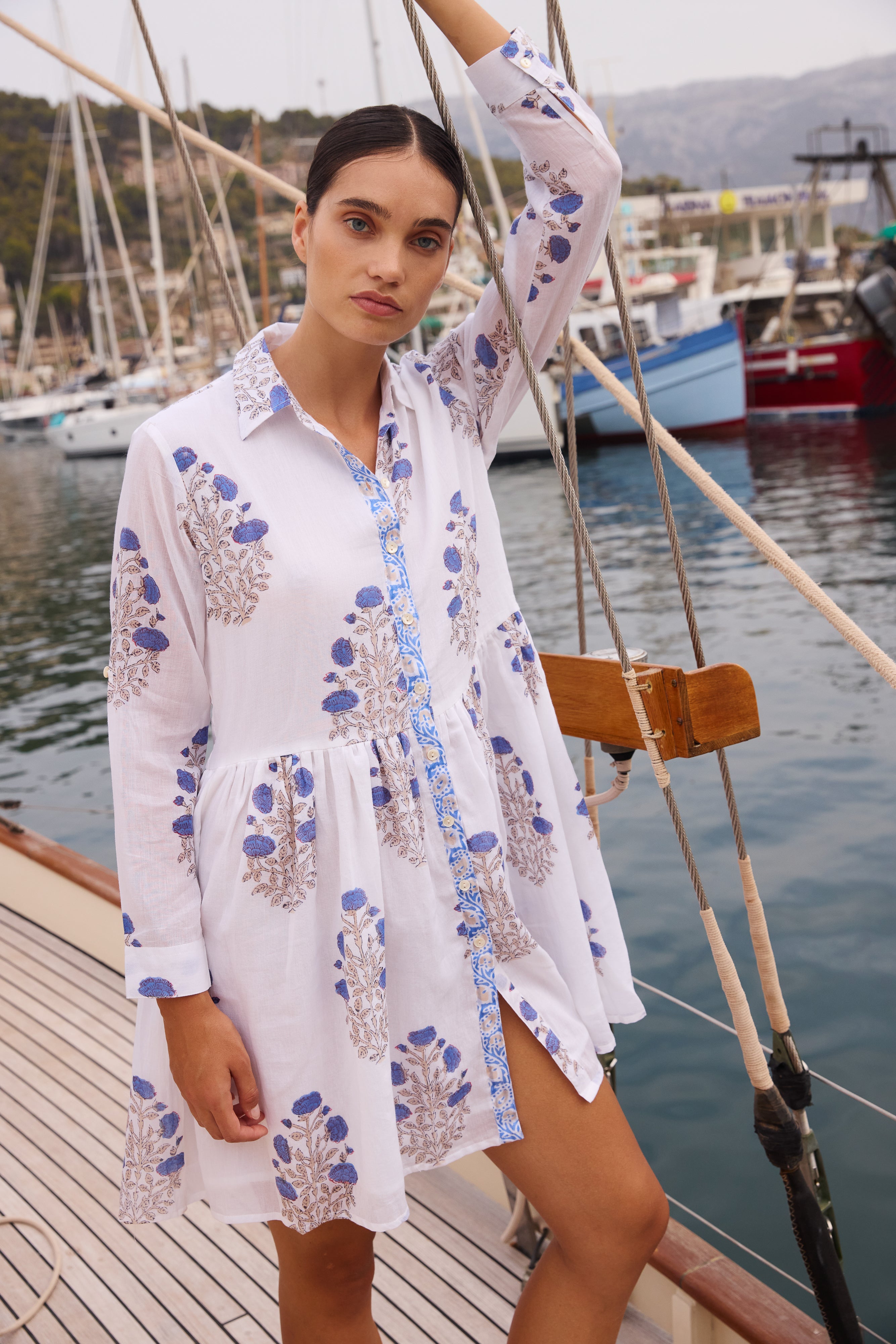 Long Sleeve Shirt Dress Mini- Laguna Blue