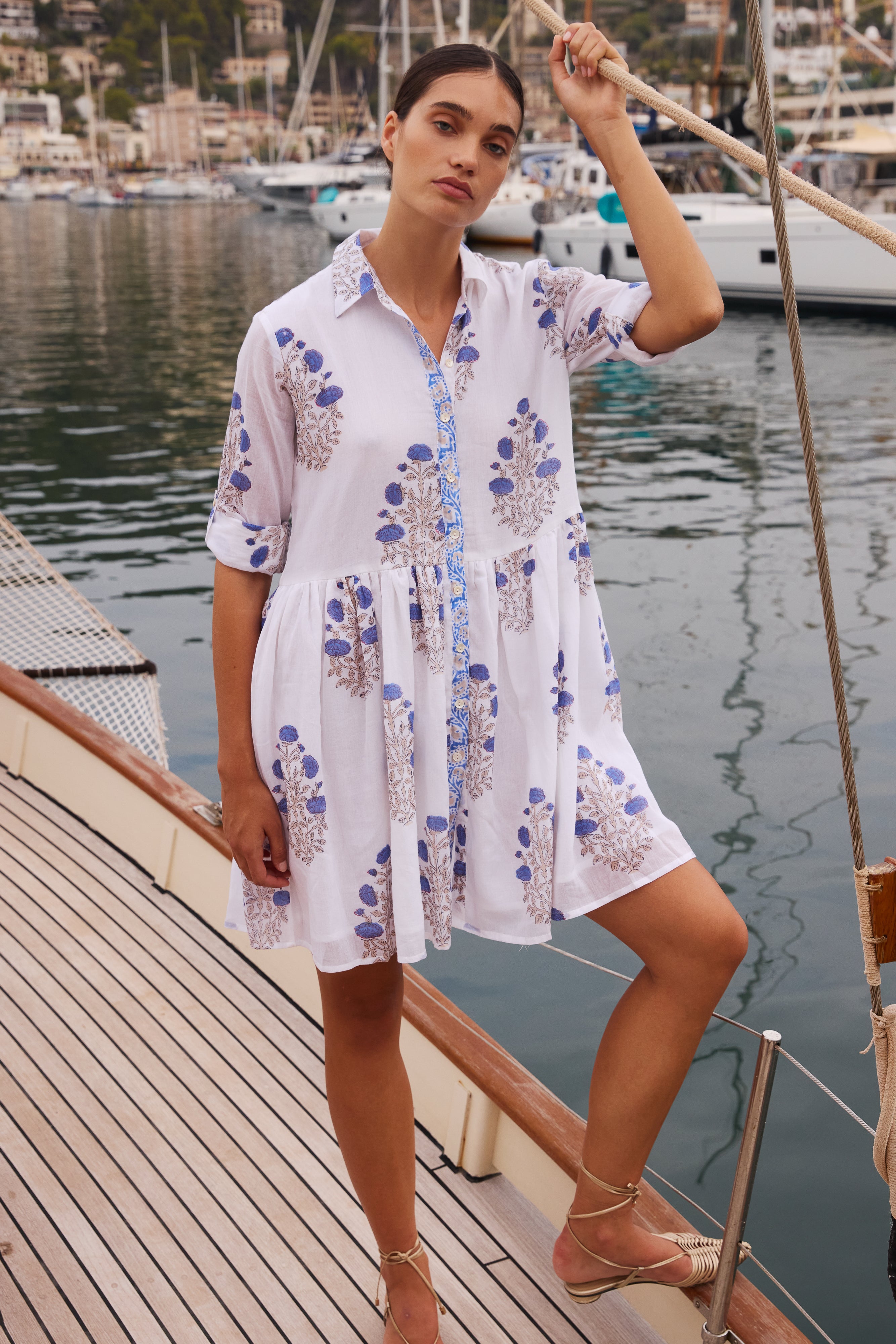 Long Sleeve Shirt Dress Mini- Laguna Blue