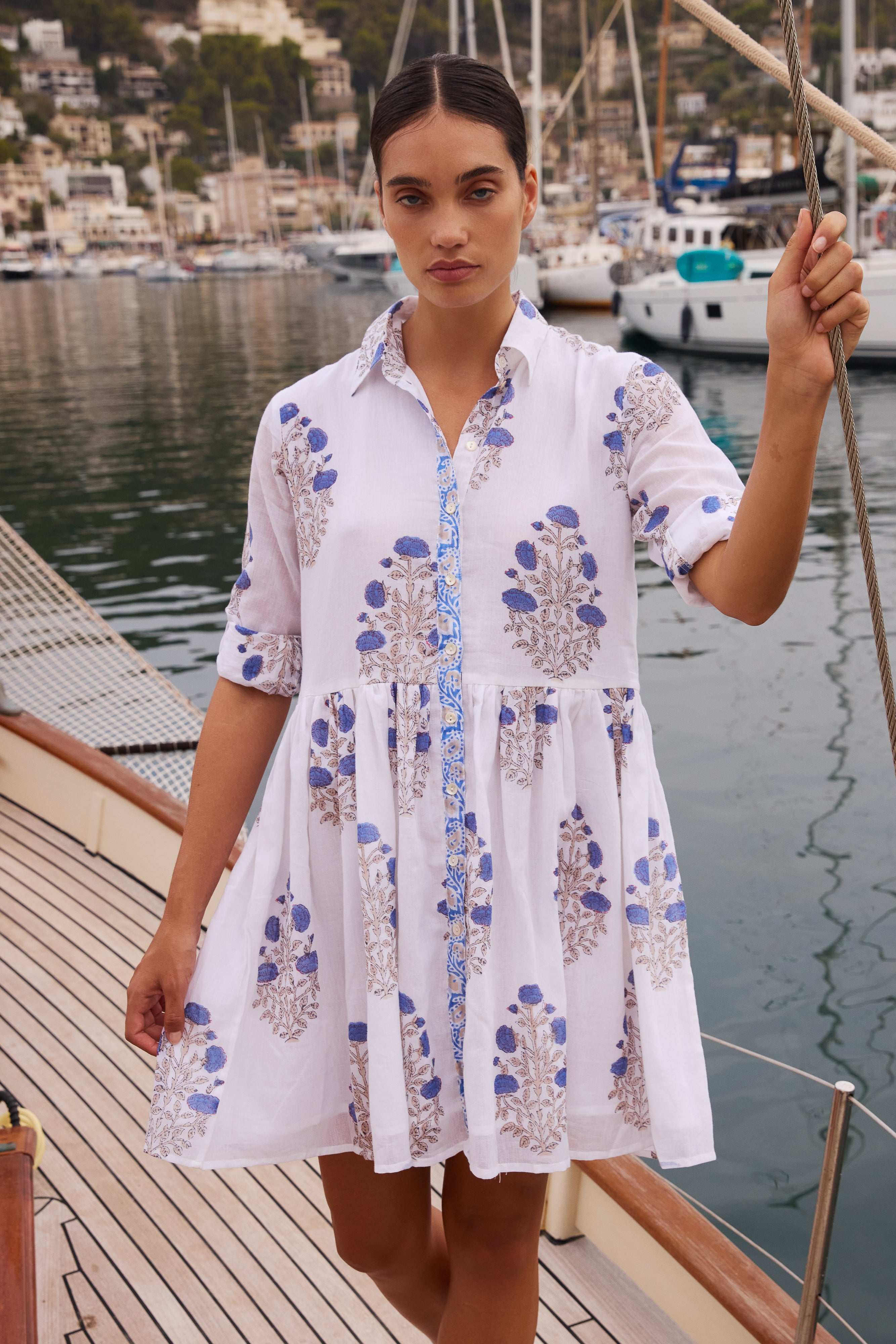 Long Sleeve Shirt Dress Mini- Laguna Blue