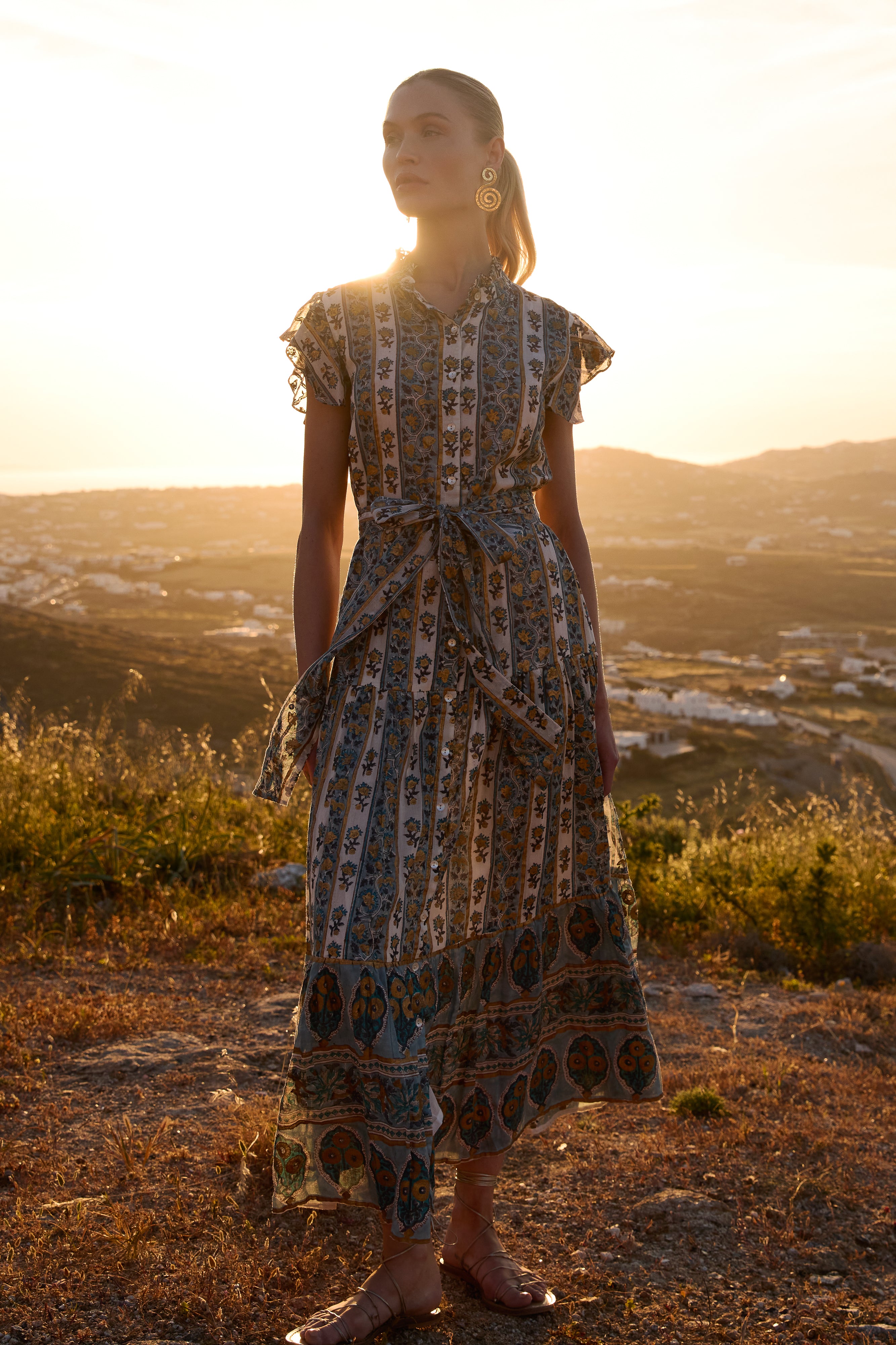 Ruffle Collar Button Maxi- Taj Blue