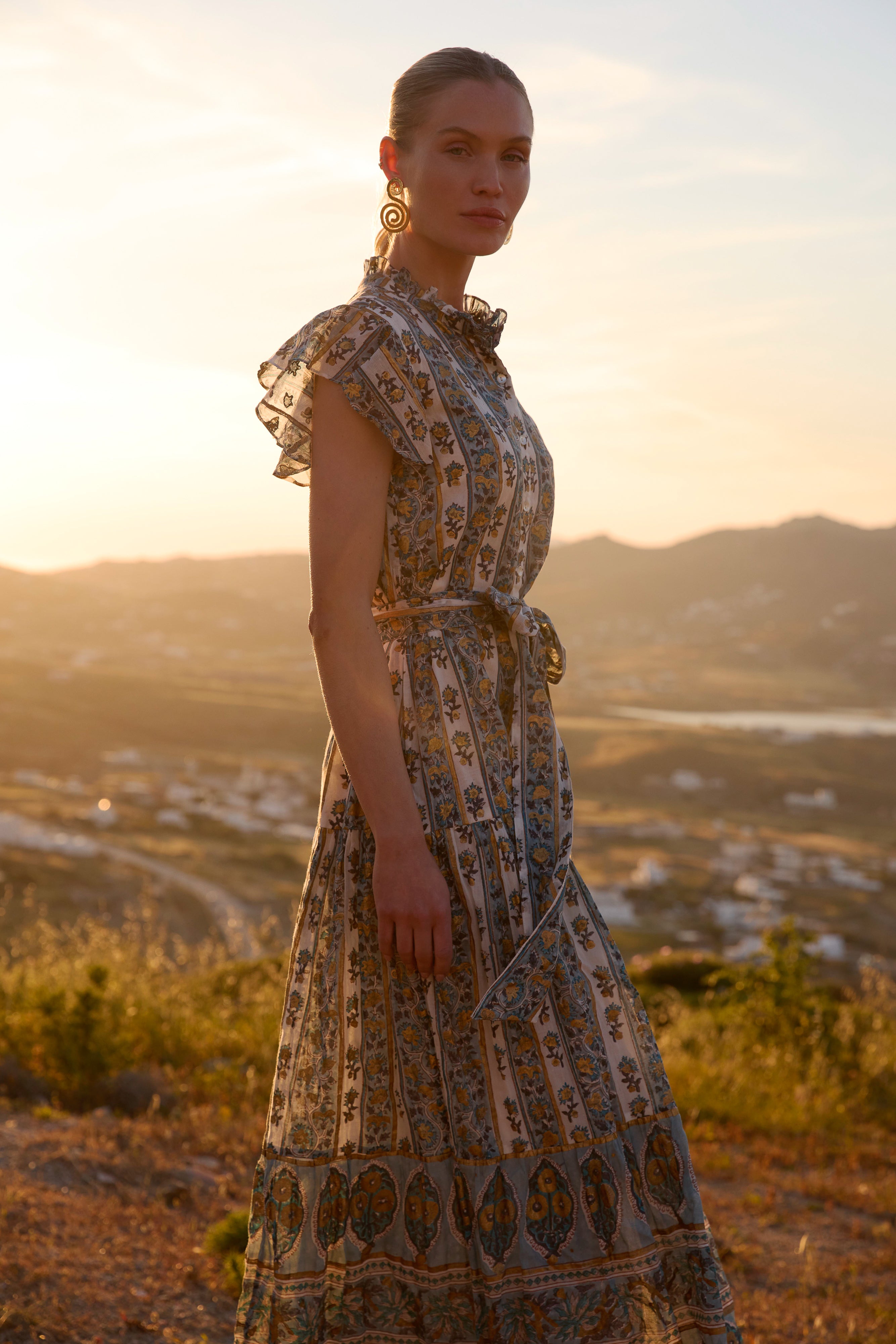 Ruffle Collar Button Maxi- Taj Blue