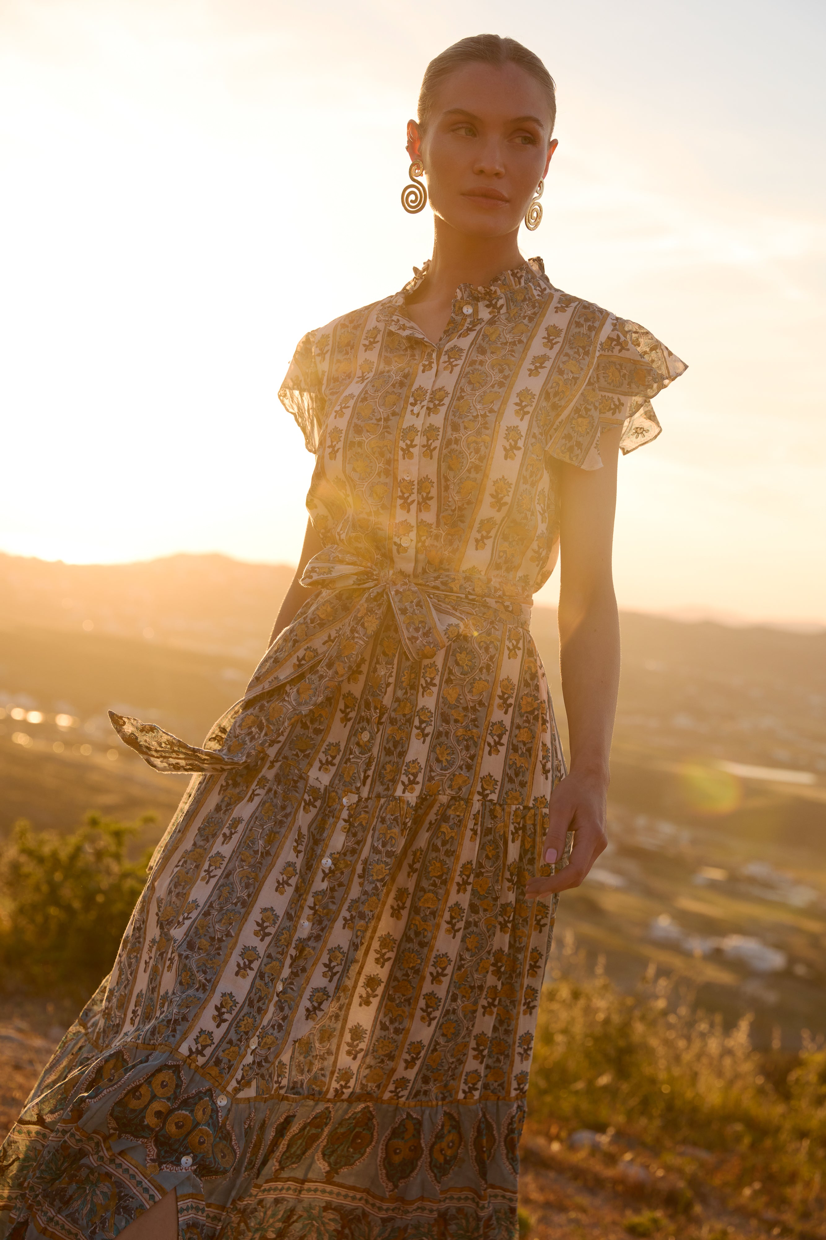 Ruffle Collar Button Maxi- Taj Blue