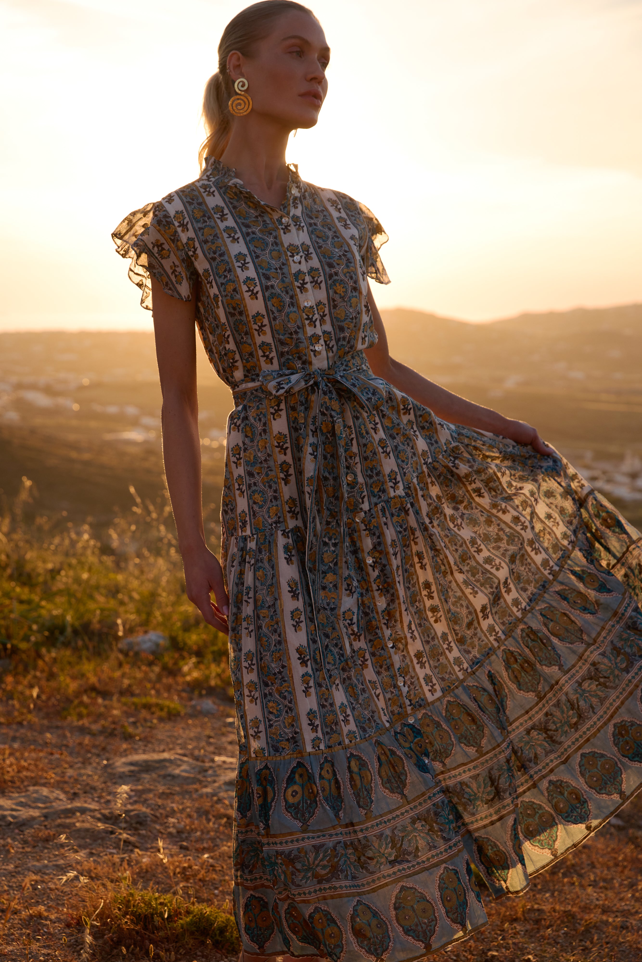 Ruffle Collar Button Maxi- Taj Blue