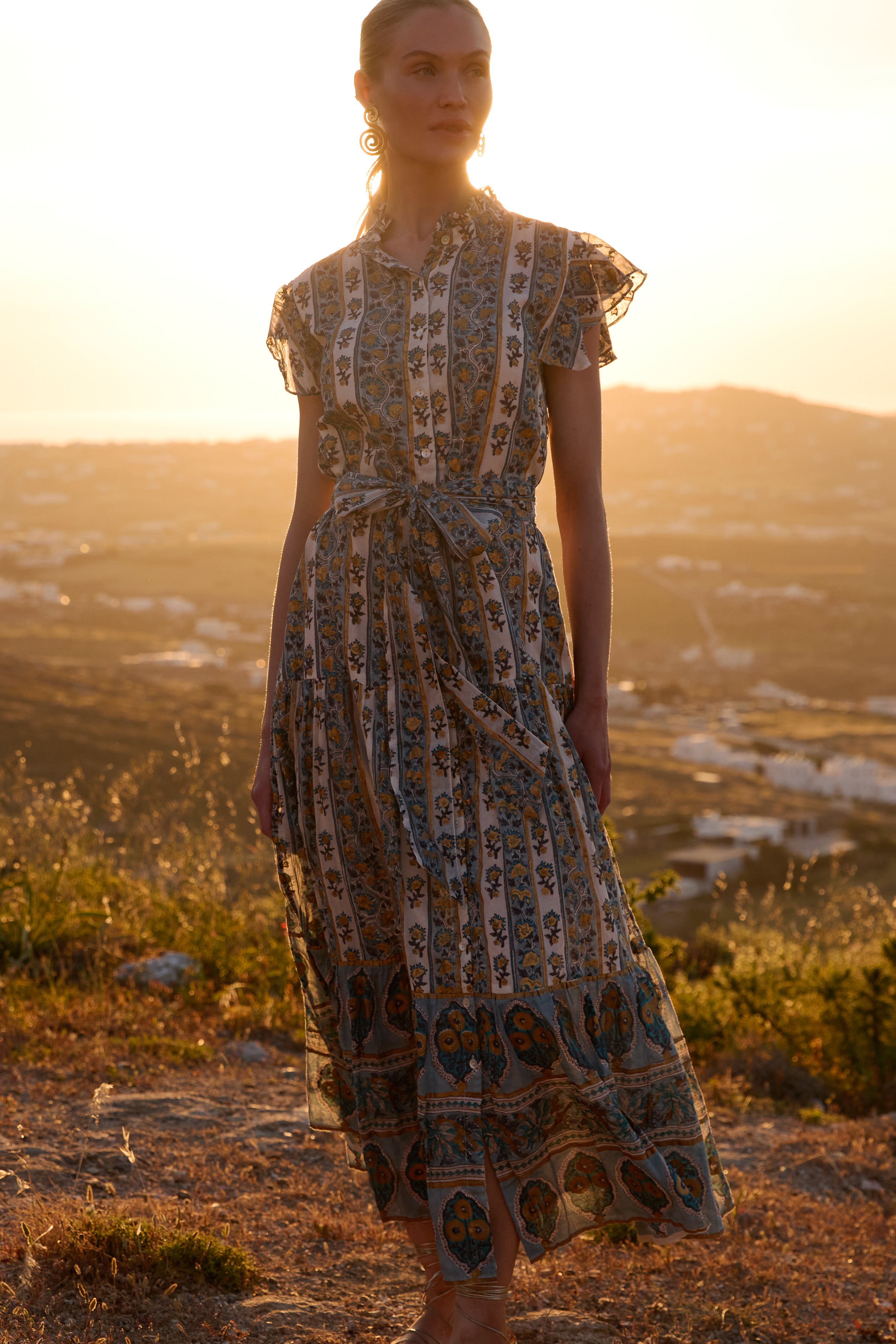 Ruffle Collar Button Maxi- Taj Blue