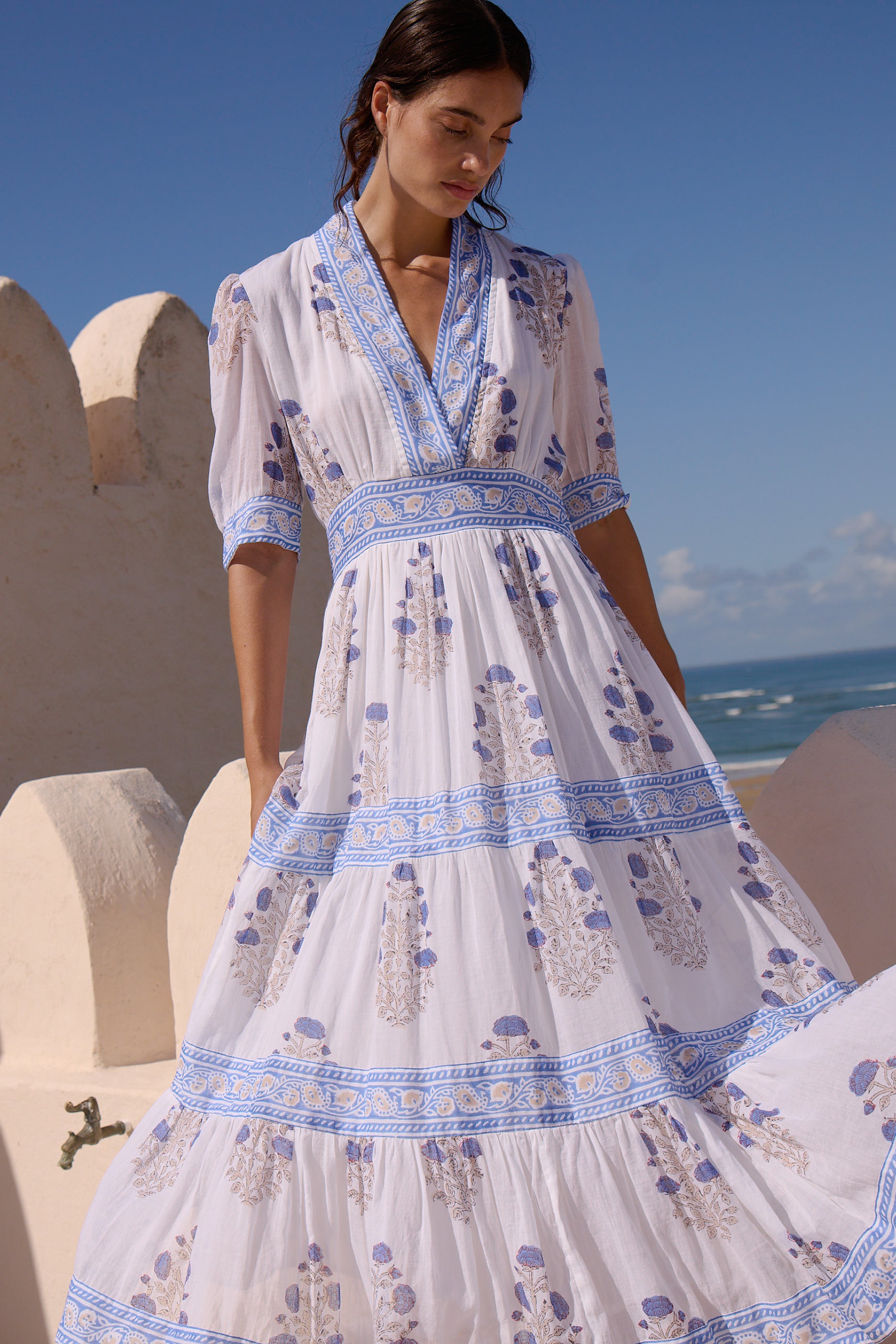 V-Neck Cuffed Maxi- Laguna Blue