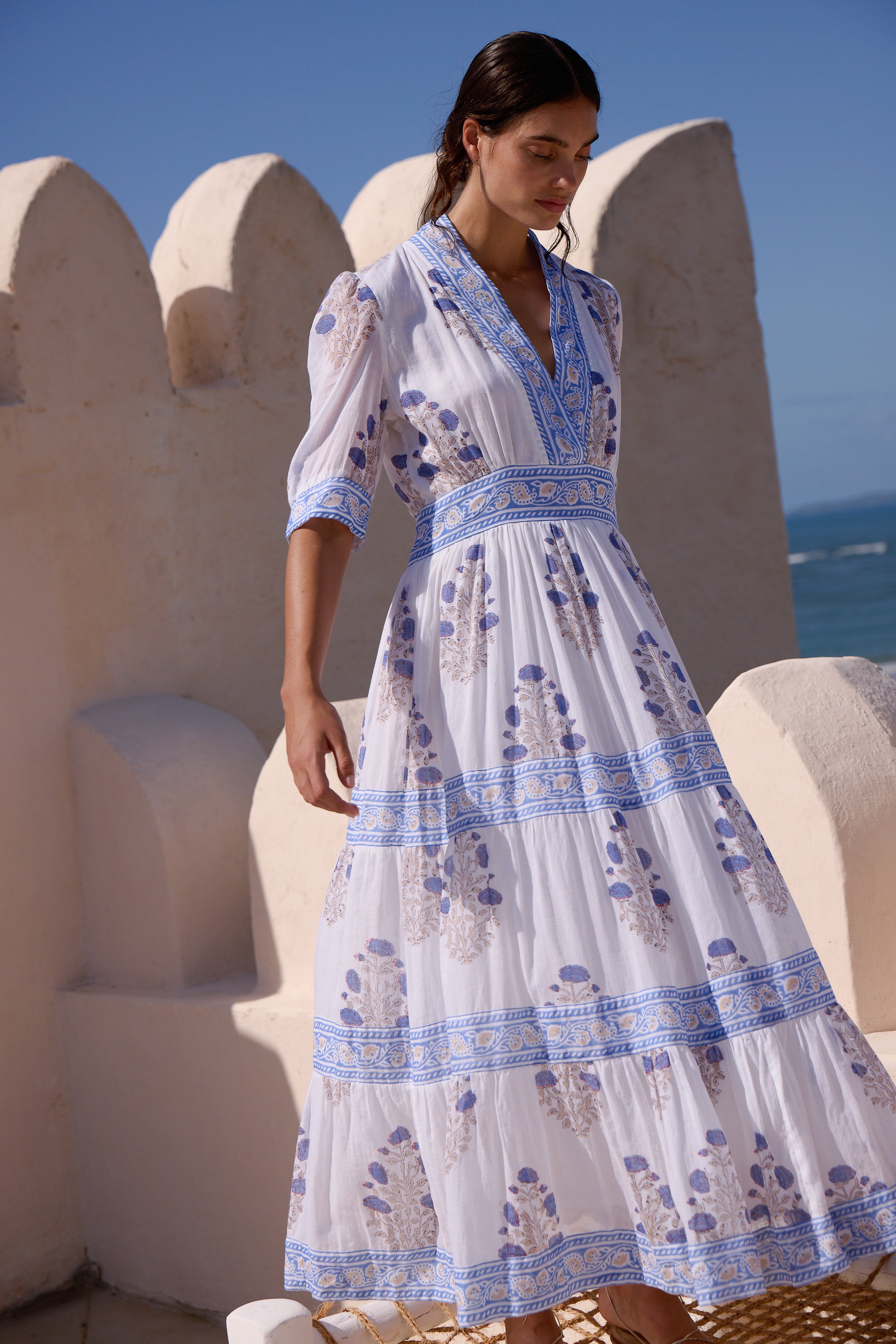 V-Neck Cuffed Maxi- Laguna Blue