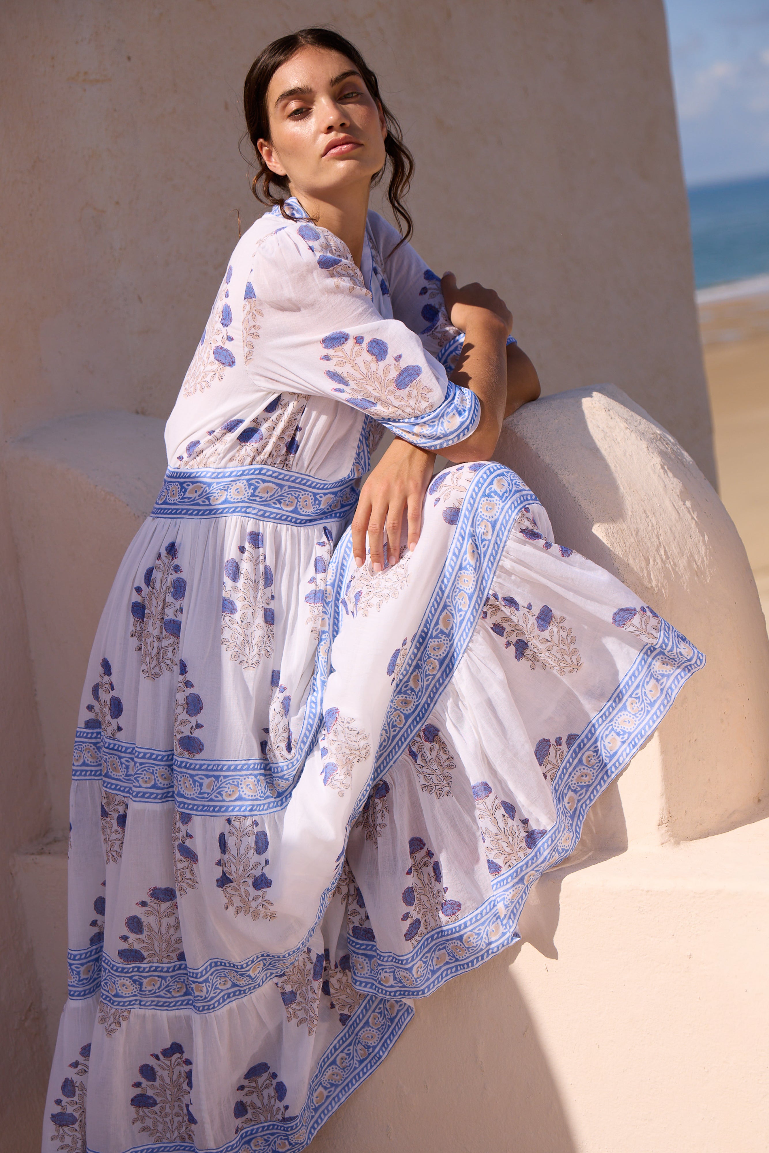 V-Neck Cuffed Maxi- Laguna Blue