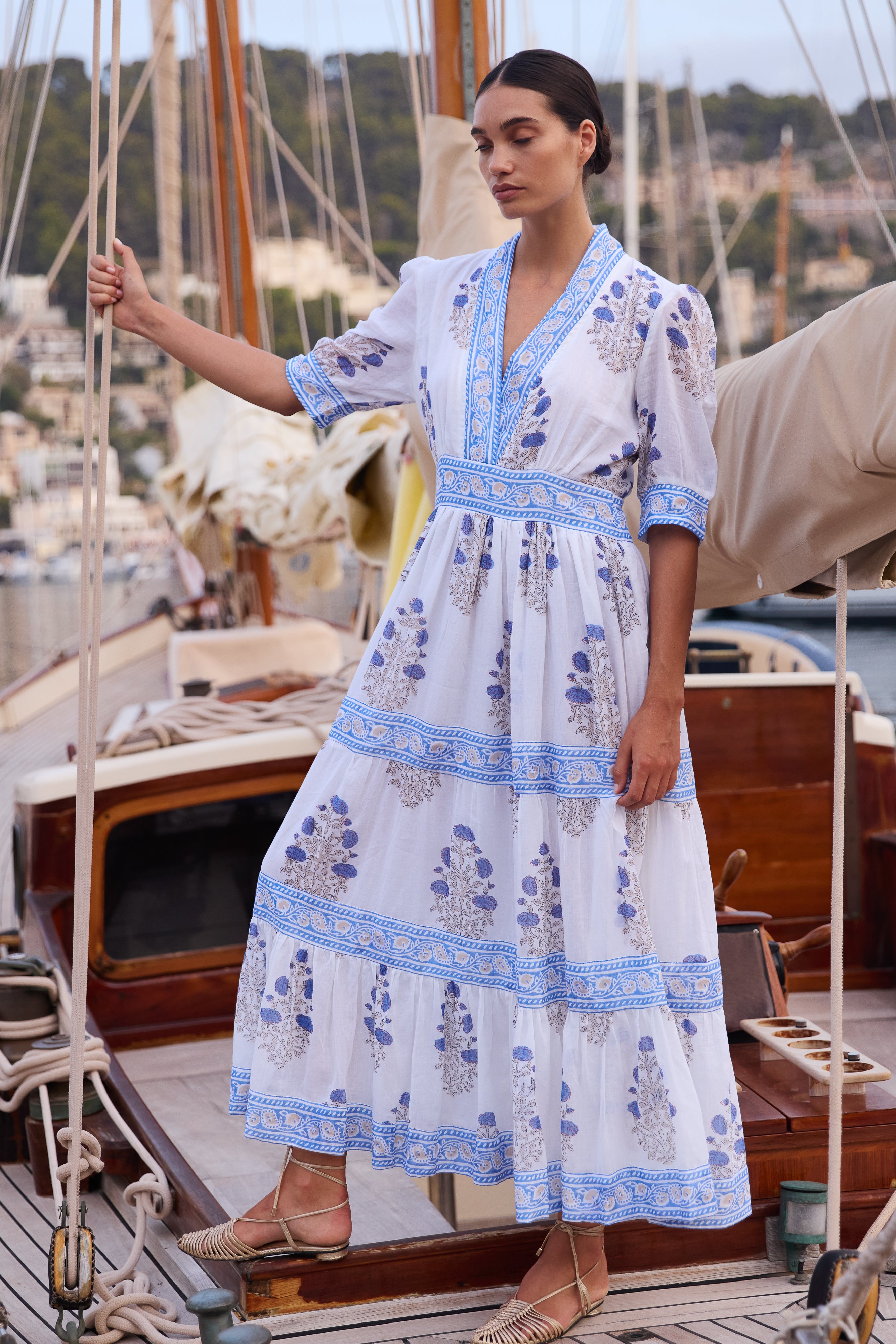 V-Neck Cuffed Maxi- Laguna Blue