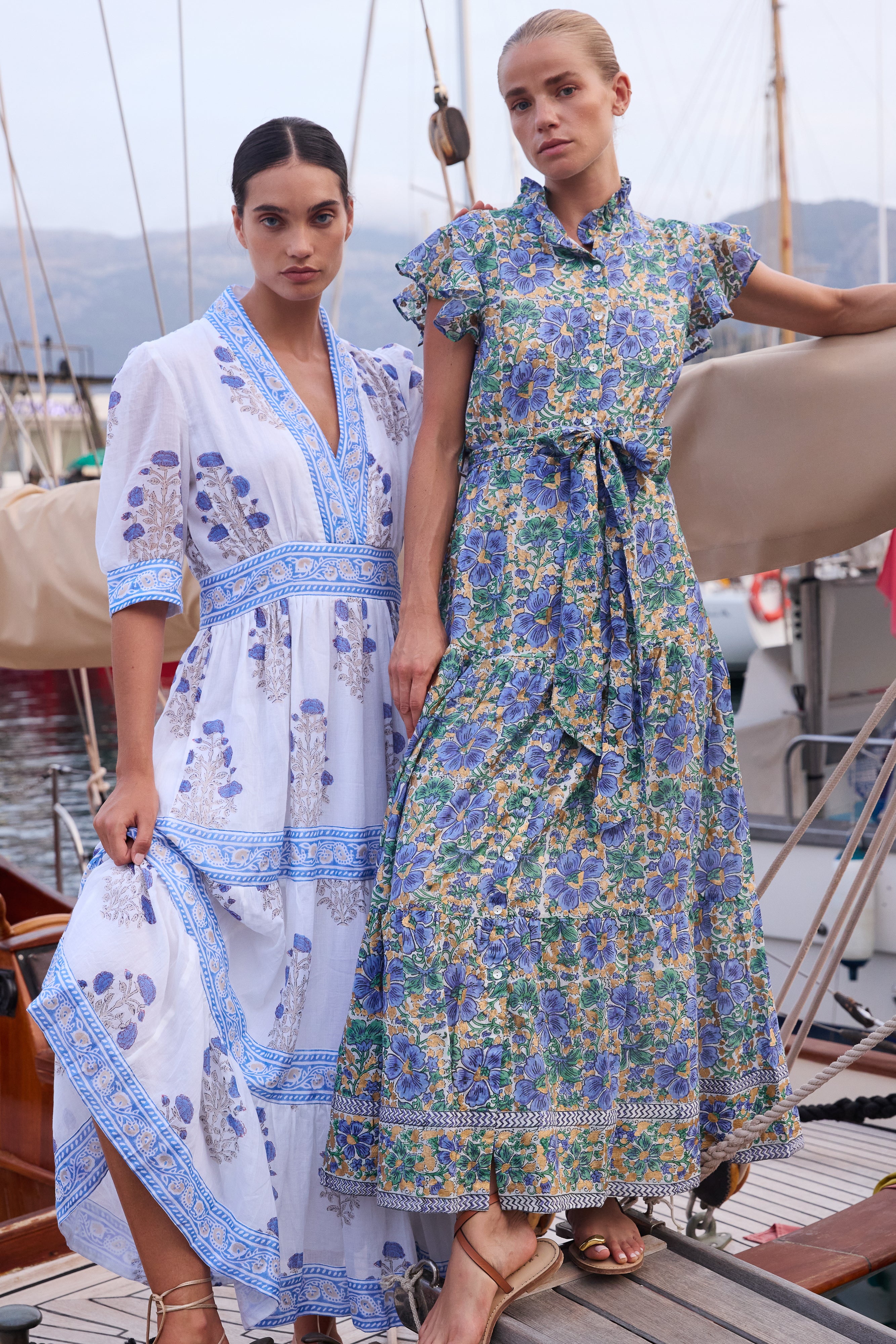 Ruffle Collar Button Maxi- Matera Blue