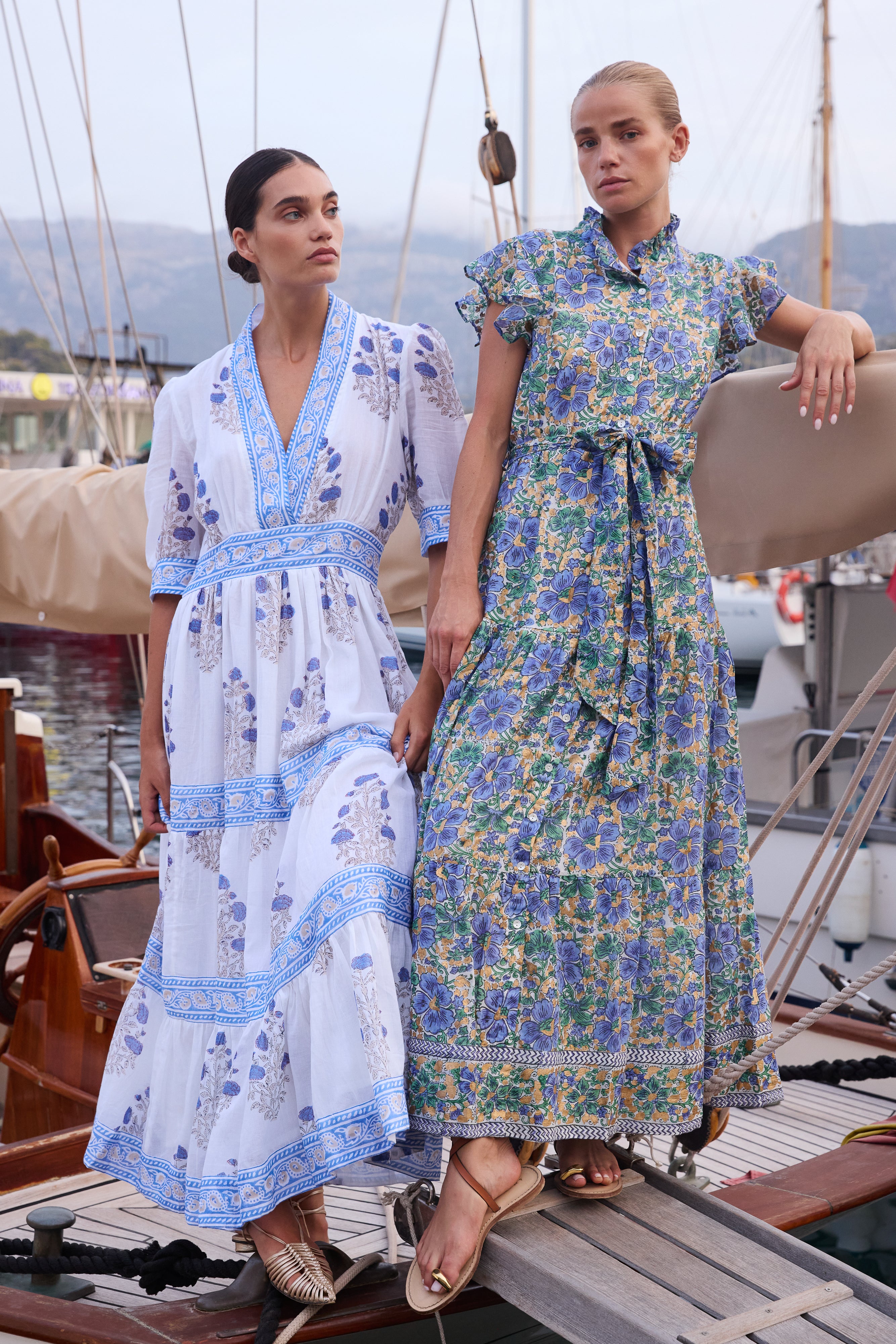 V-Neck Cuffed Maxi- Laguna Blue