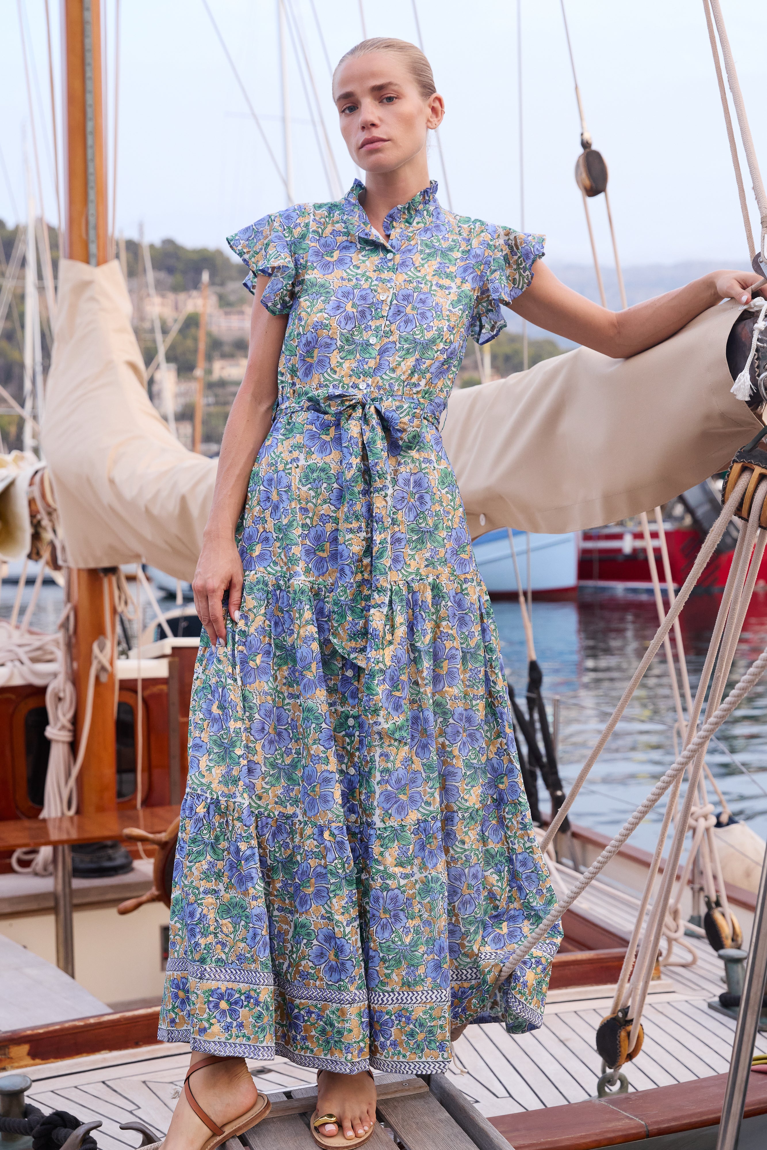 Ruffle Collar Button Maxi- Matera Blue