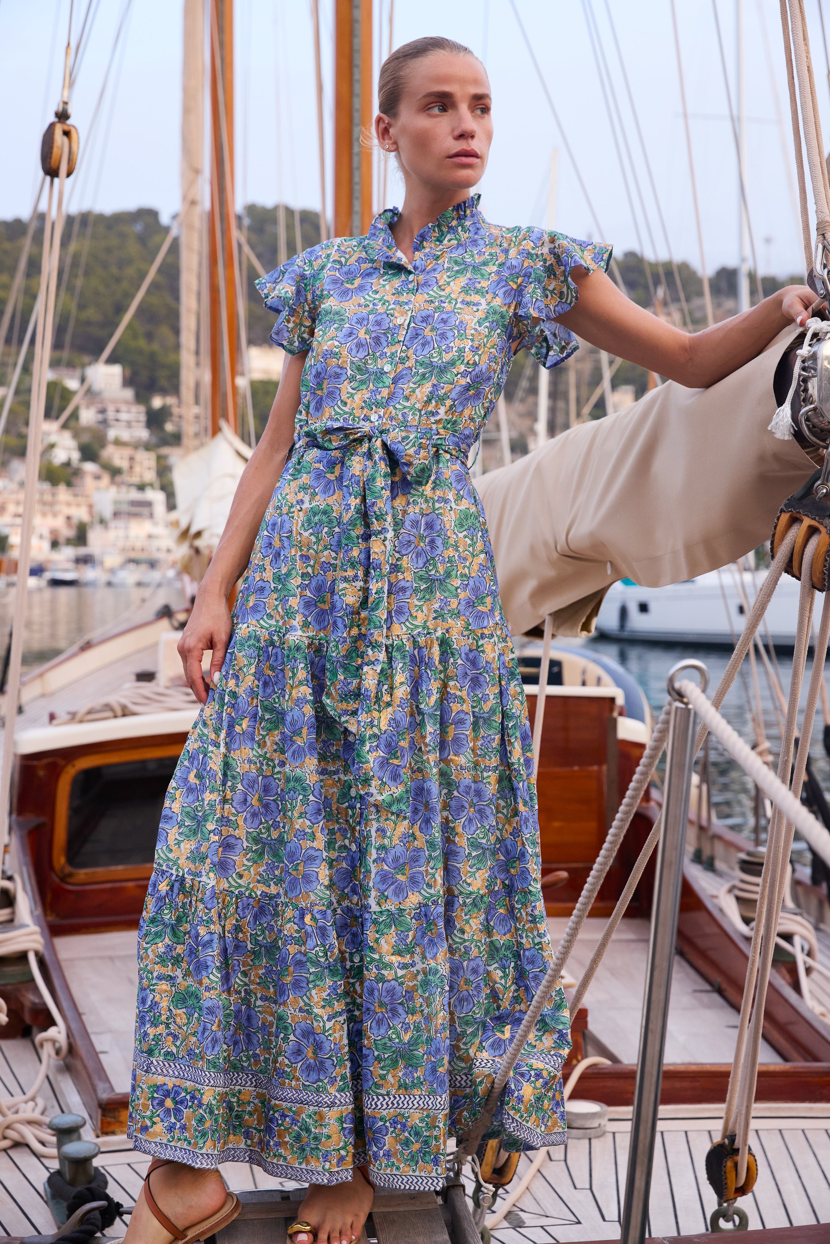 Ruffle Collar Button Maxi- Matera Blue