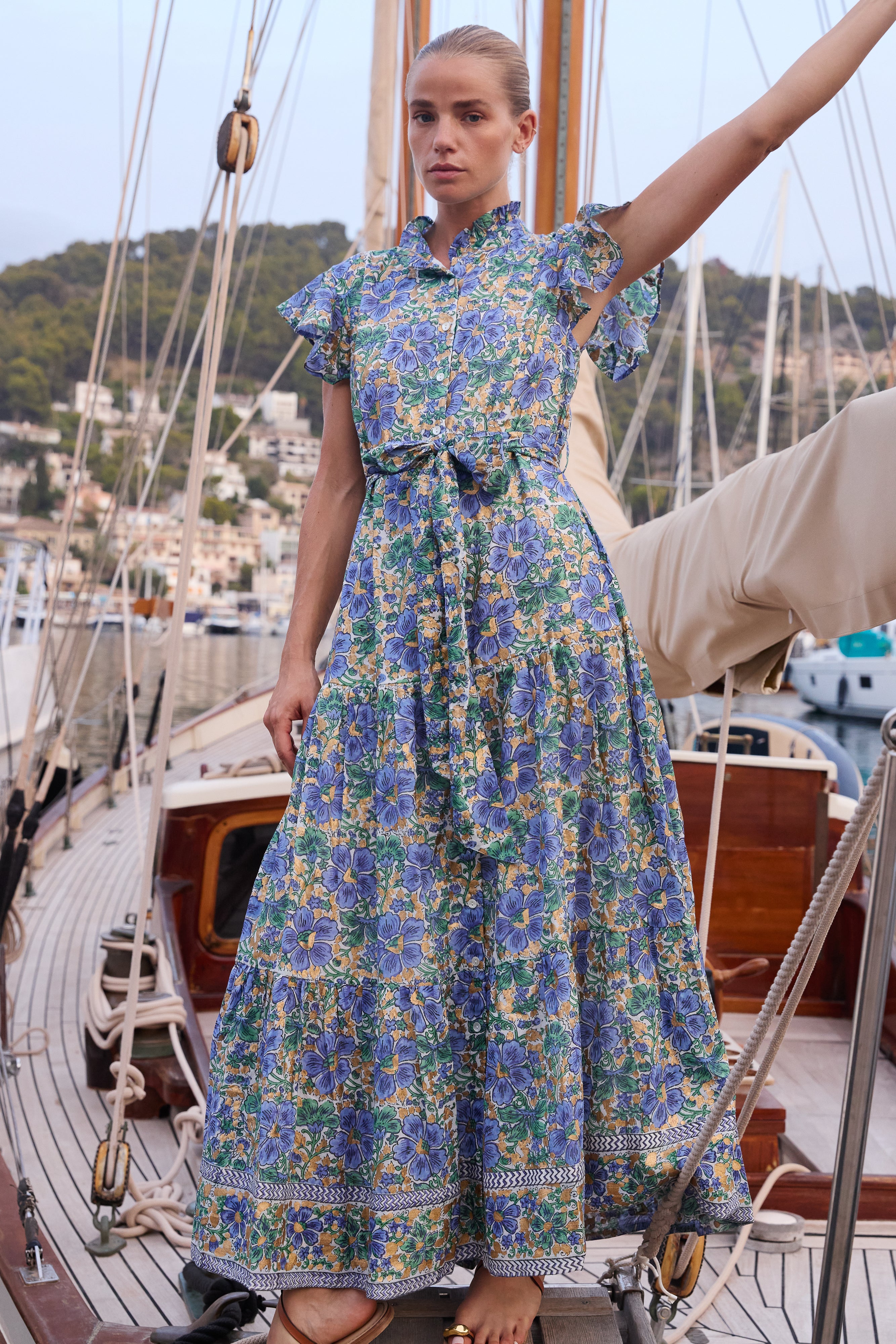 Ruffle Collar Button Maxi- Matera Blue