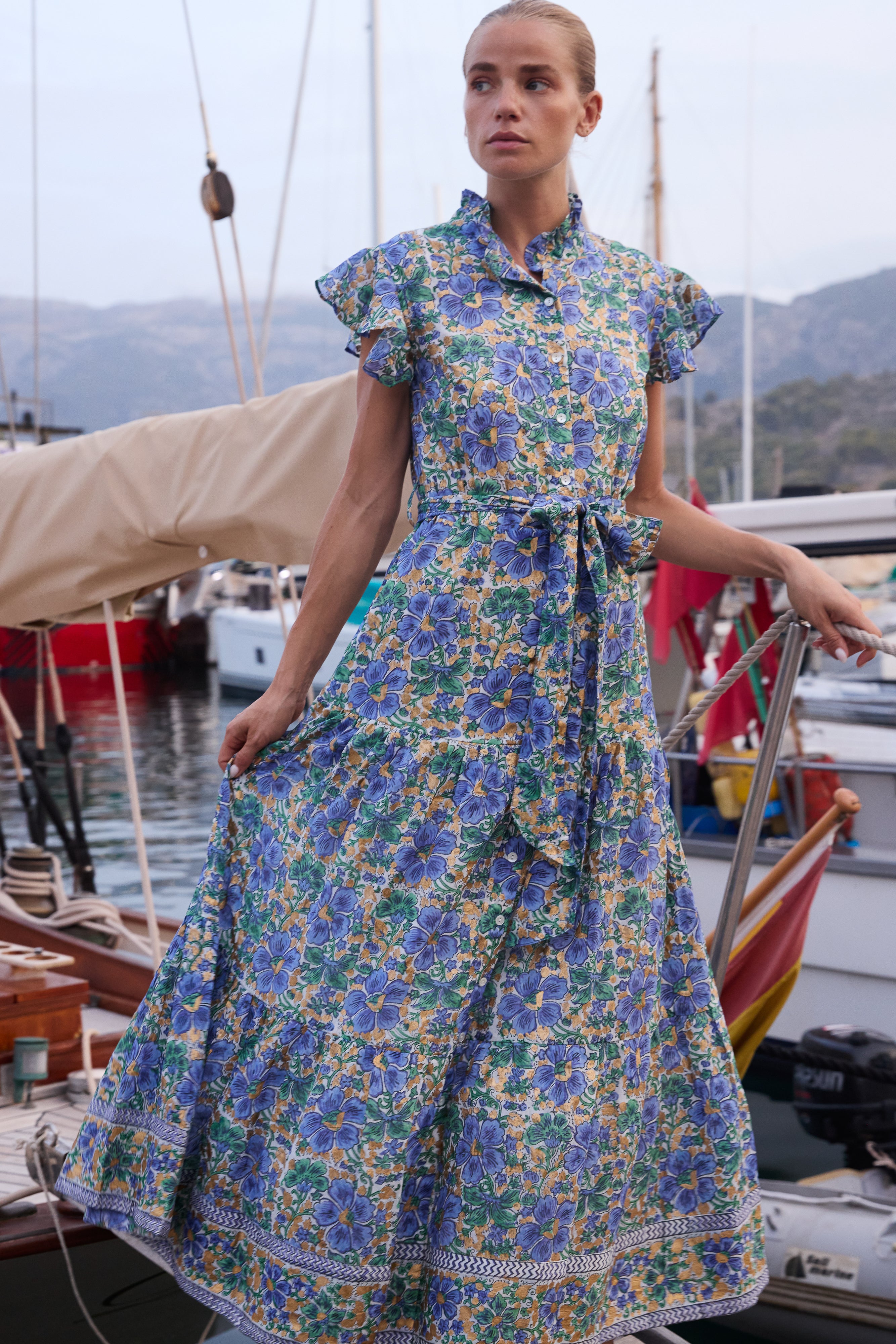 Ruffle Collar Button Maxi- Matera Blue