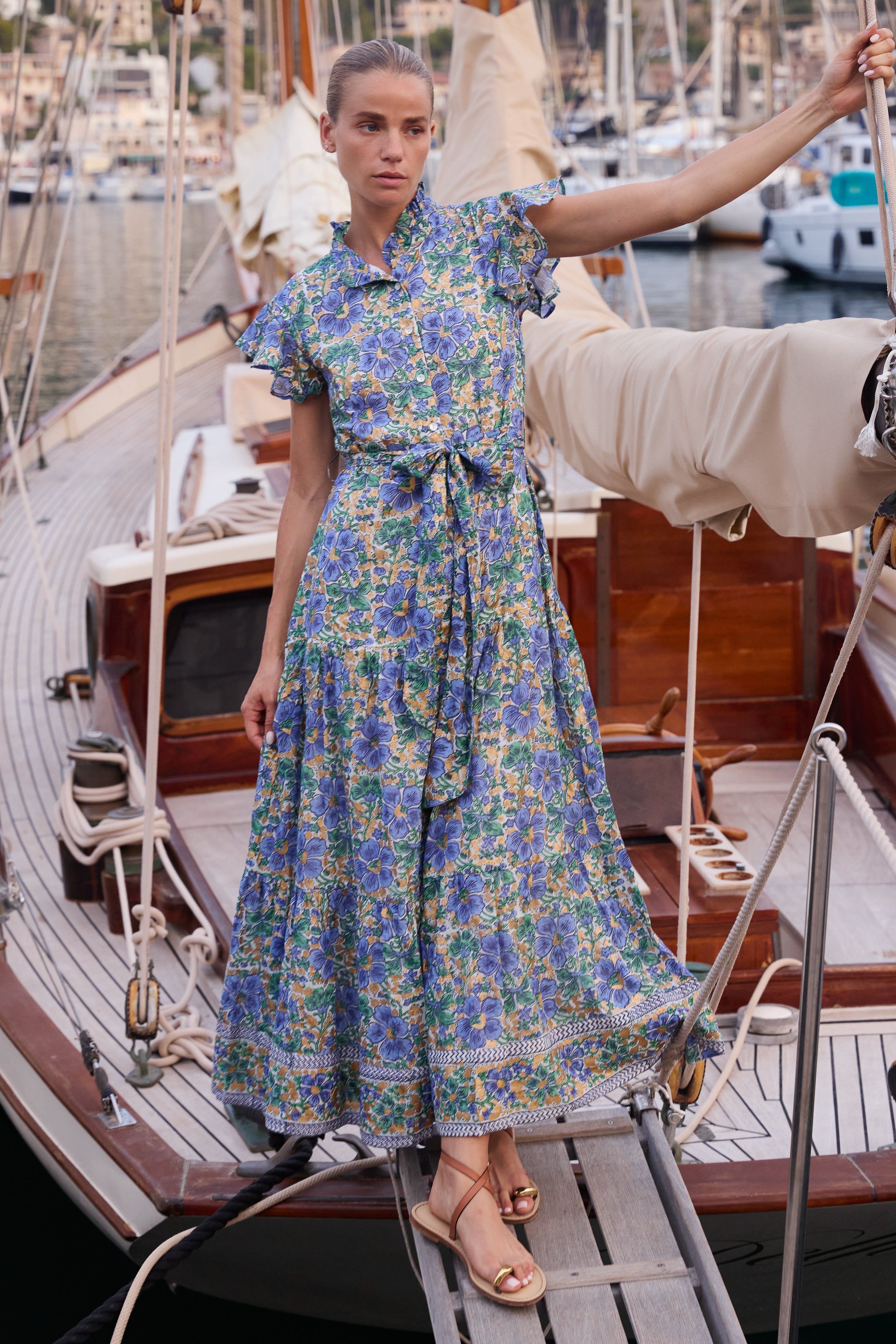 Ruffle Collar Button Maxi- Matera Blue