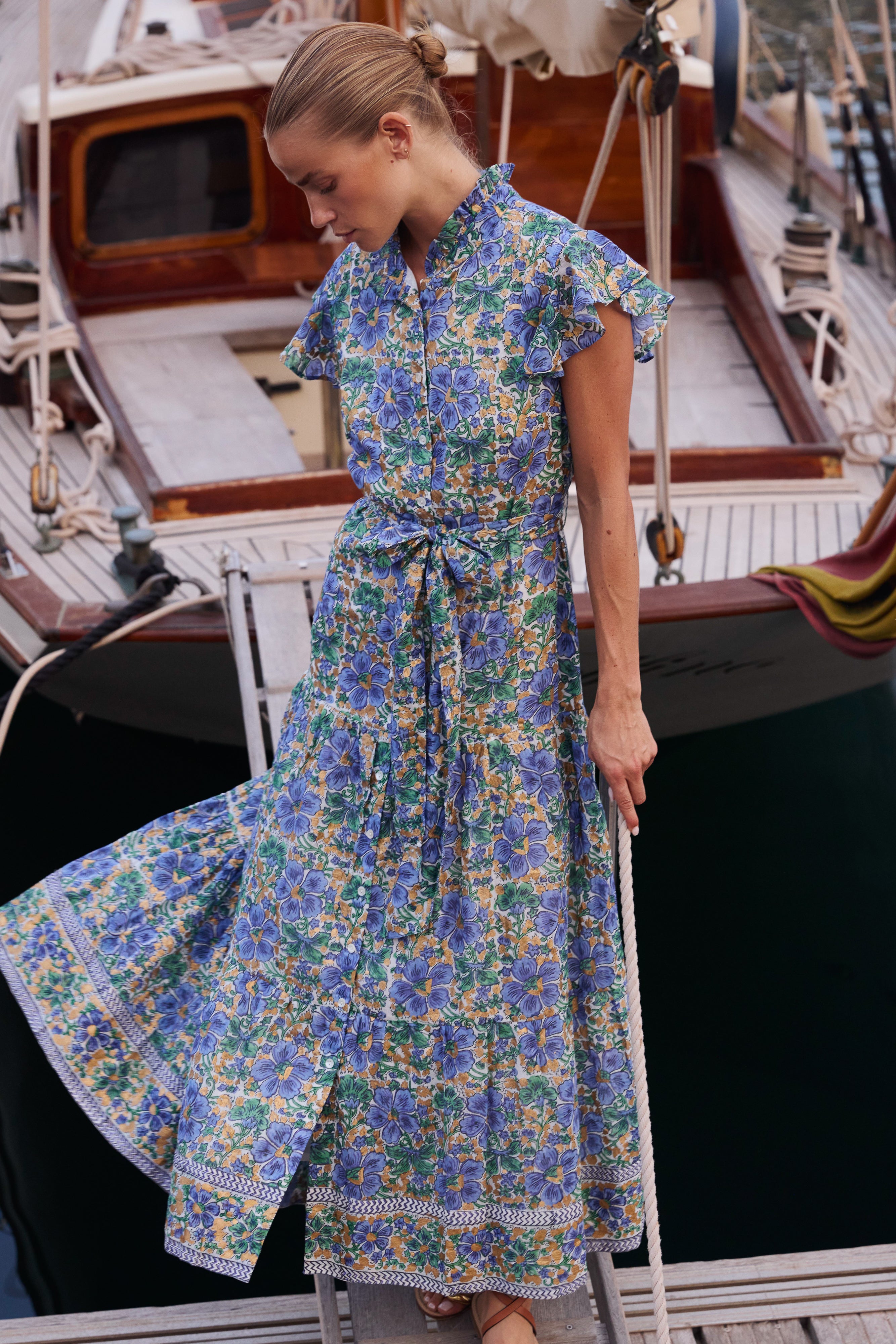 Ruffle Collar Button Maxi- Matera Blue